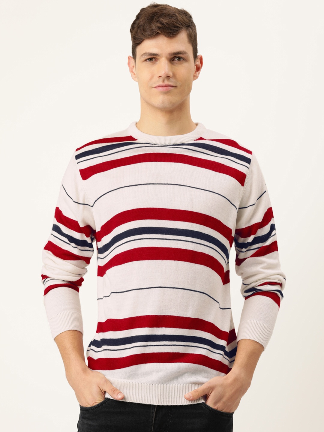 

PETER ENGLAND UNIVERSITY Men White & Red Striped Pure Acrylic Pullover Sweater