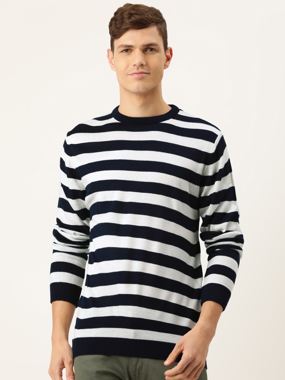 

PETER ENGLAND UNIVERSITY Men Navy Blue & White Striped Pure Acrylic Pullover Sweater