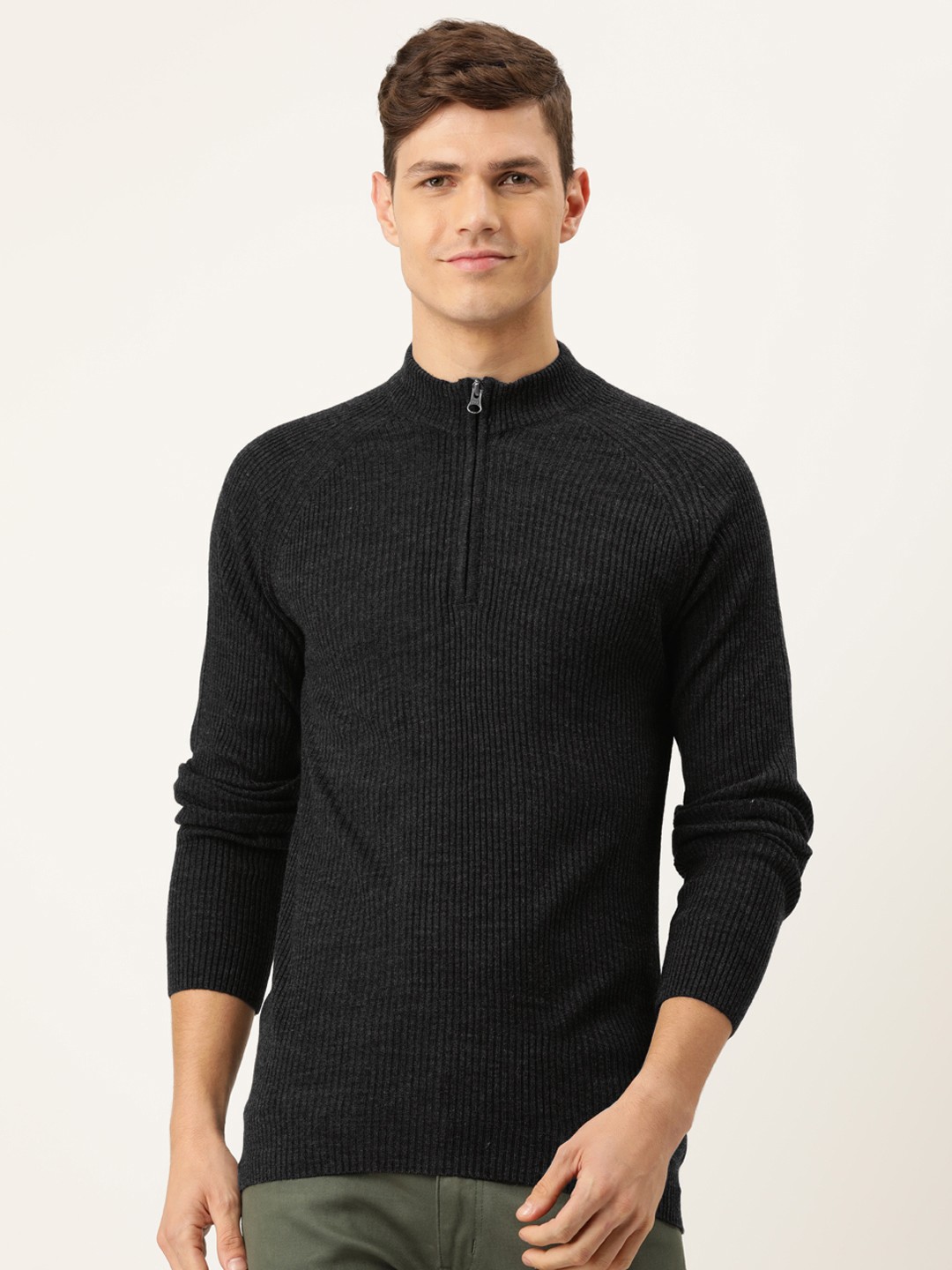 

PETER ENGLAND UNIVERSITY Men Black Self Striped Pure Acrylic Pullover Sweater