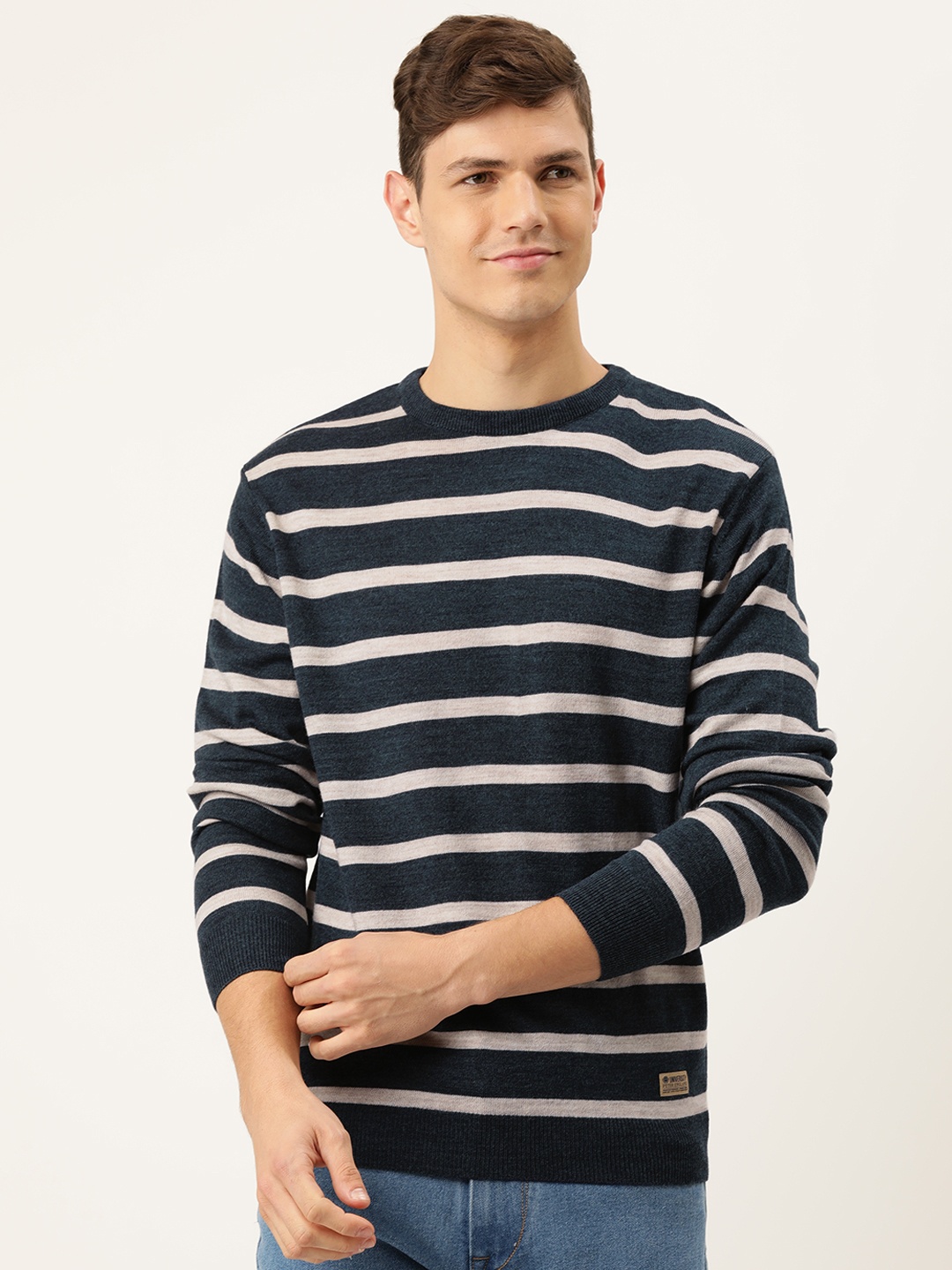 

PETER ENGLAND UNIVERSITY Men Navy Blue & Grey Striped Pullover Sweater