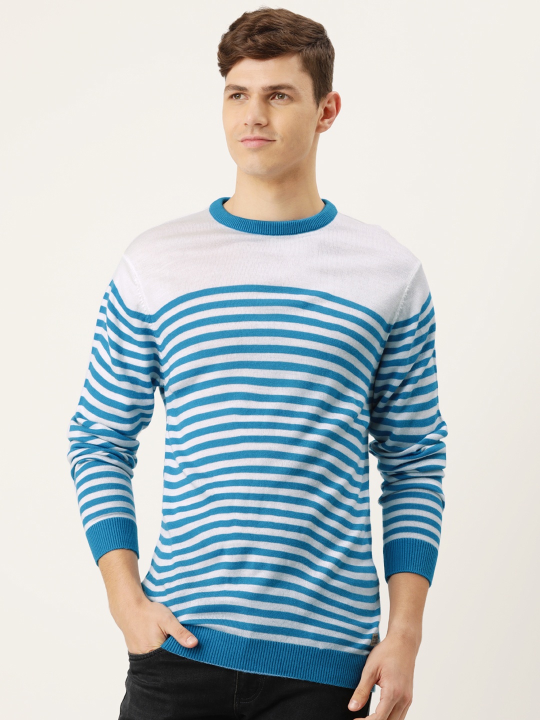 

PETER ENGLAND UNIVERSITY Men Blue & White Striped Pure Acrylic Pullover Sweater