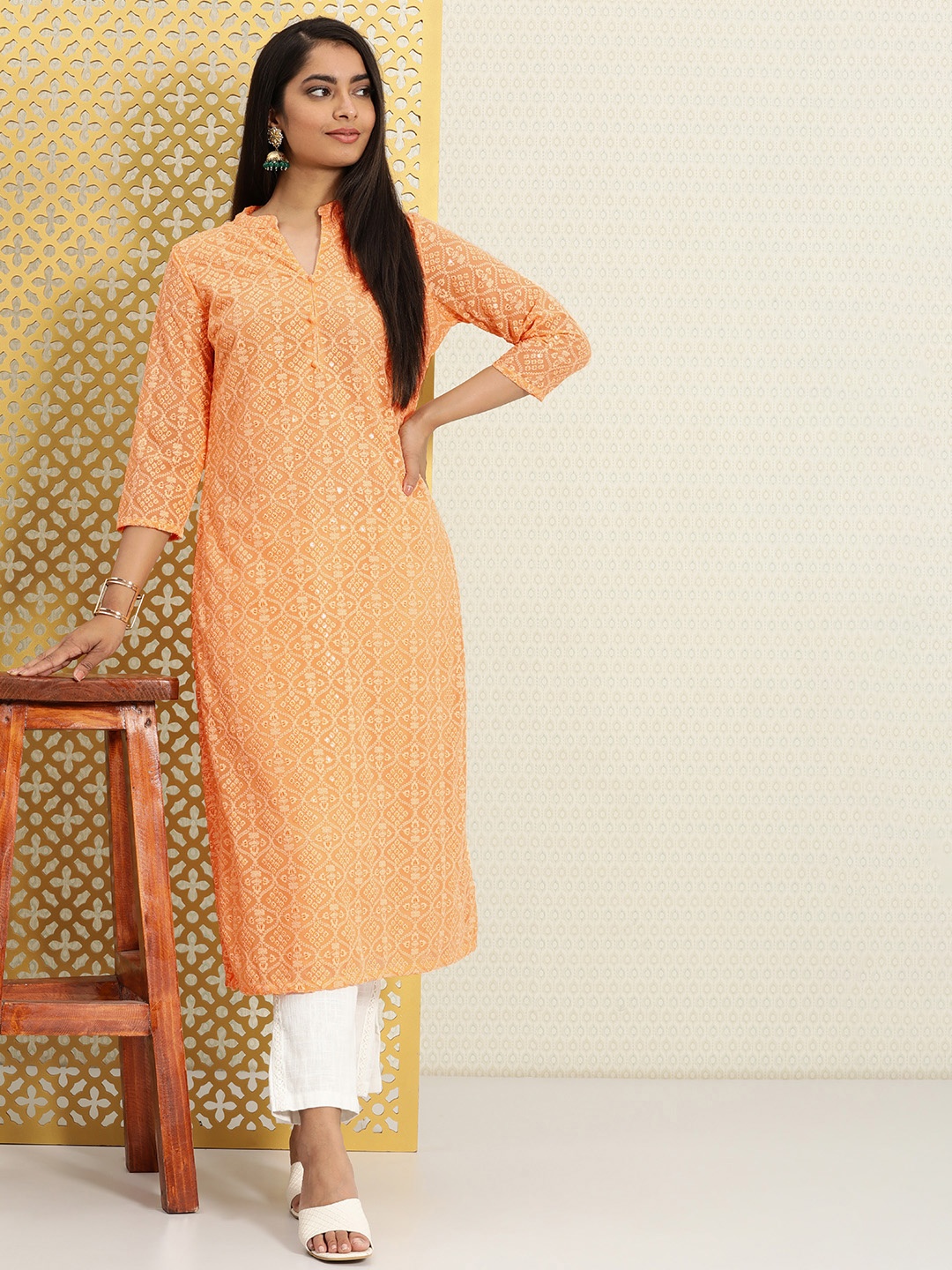 

House of Pataudi Women Peach-Coloured Embroidered Jashn Kurta