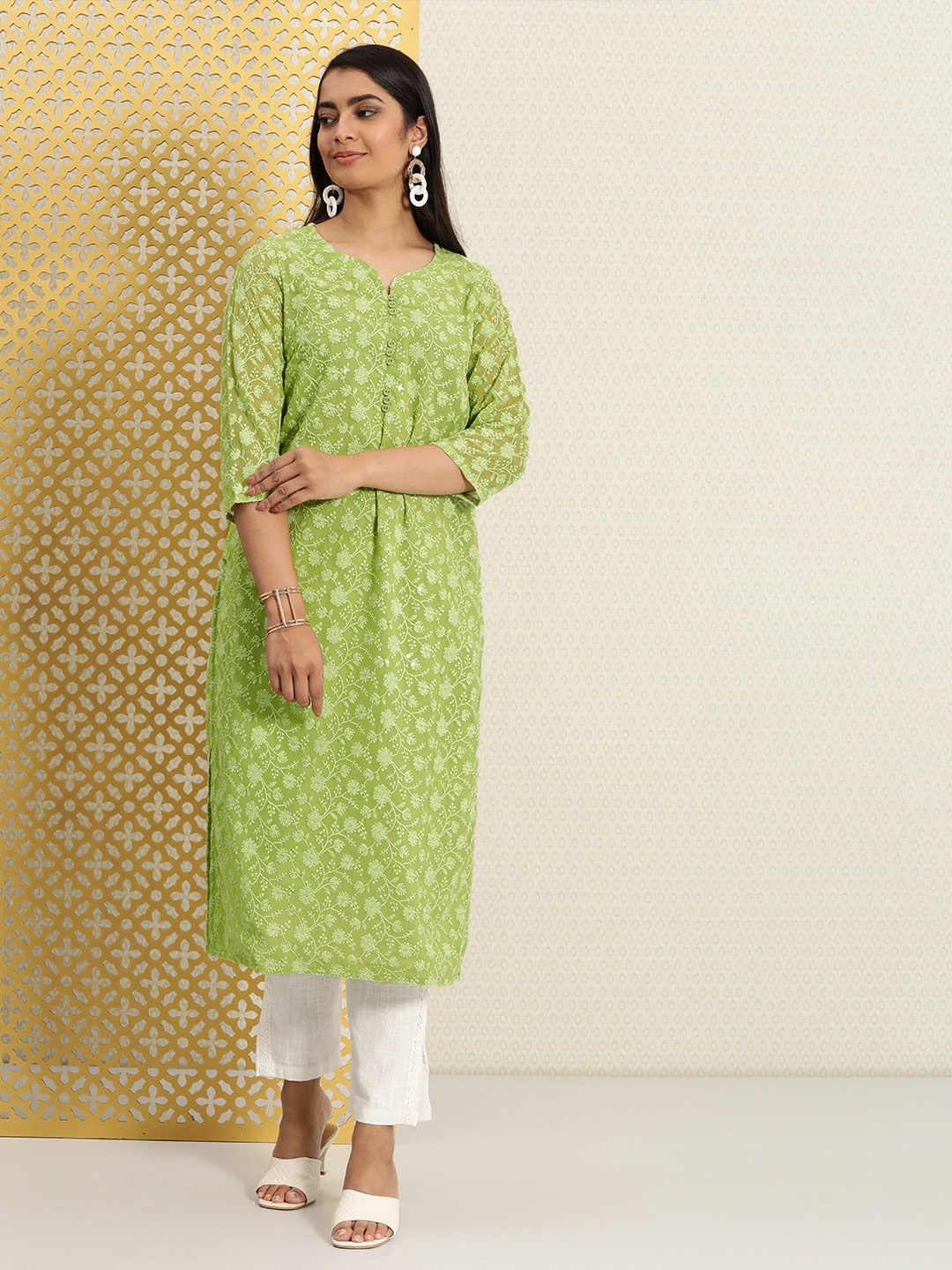 

House of Pataudi Women Green Embroidered Jashn Kurta