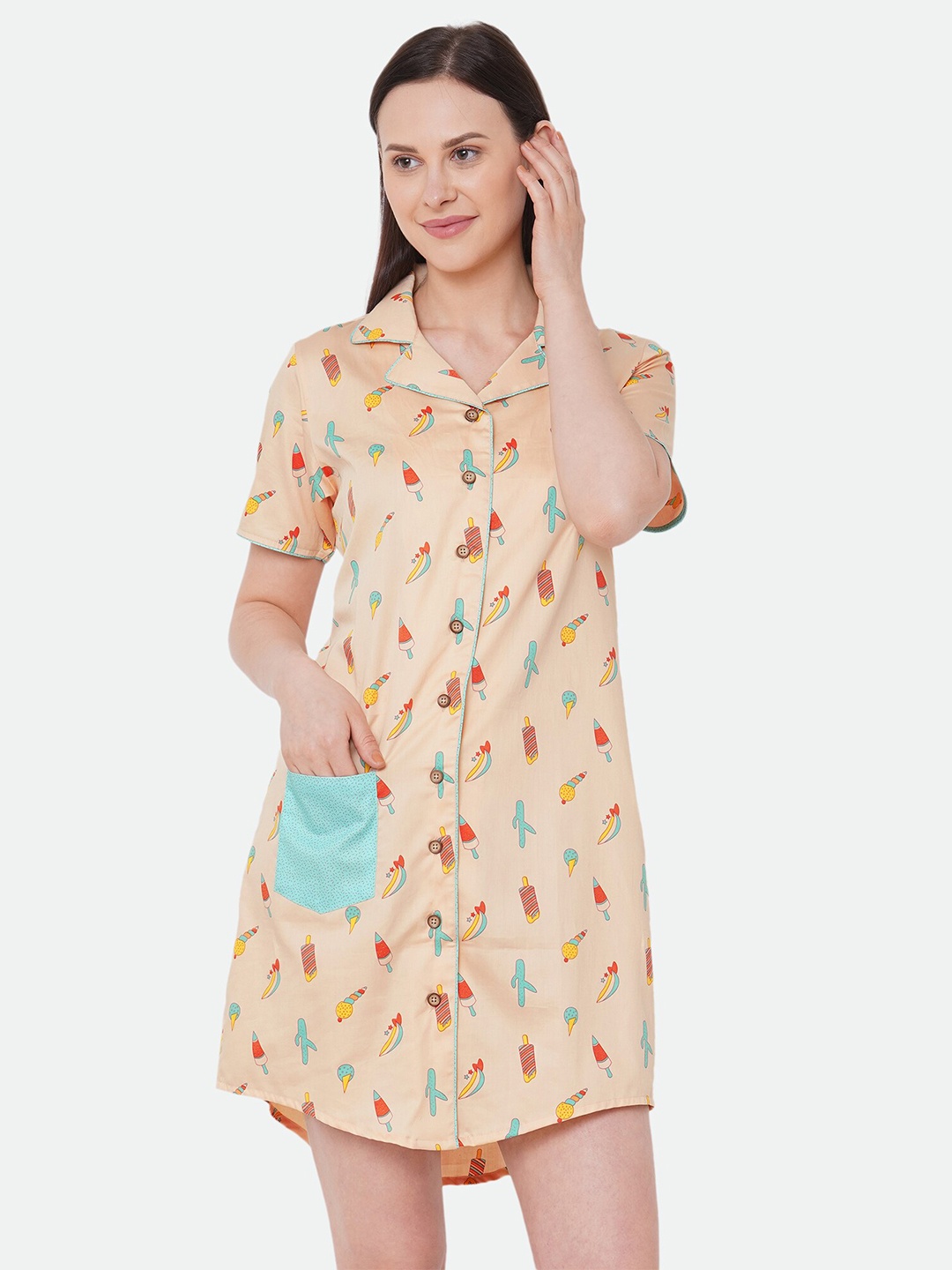 

CASA DE NEE NEE Women Peach-Coloured Pure Cotton Printed Nightdress
