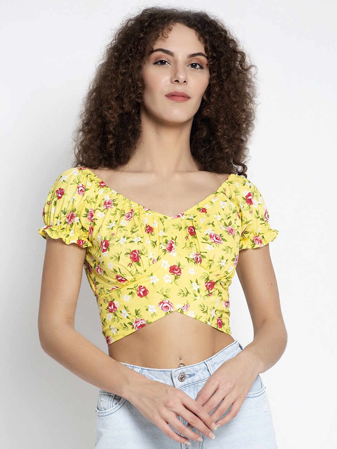 

ELEVANTO Women Yellow Floral Bardot Crop Top