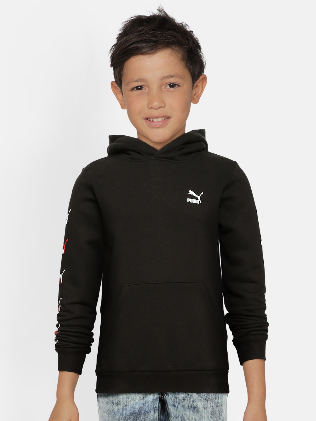 Puma Boys Black Brand Logo Printed Hooded Sweatshirt