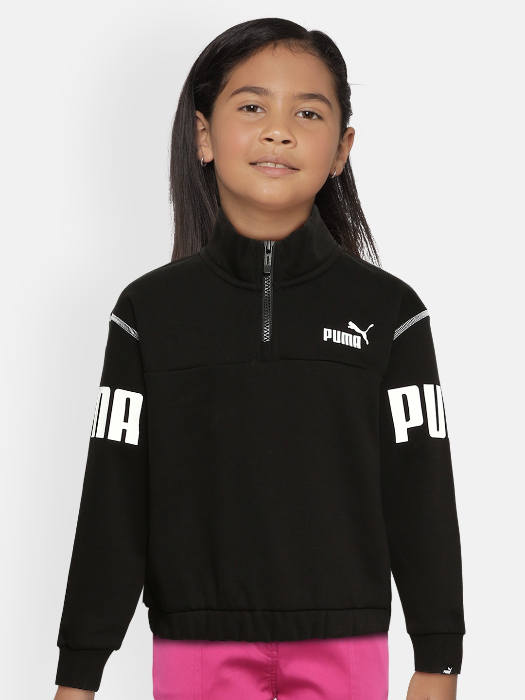 

Puma Girls Black Brand Logo Printed POWER Half-Zip Crew Loose Sweat Shirt