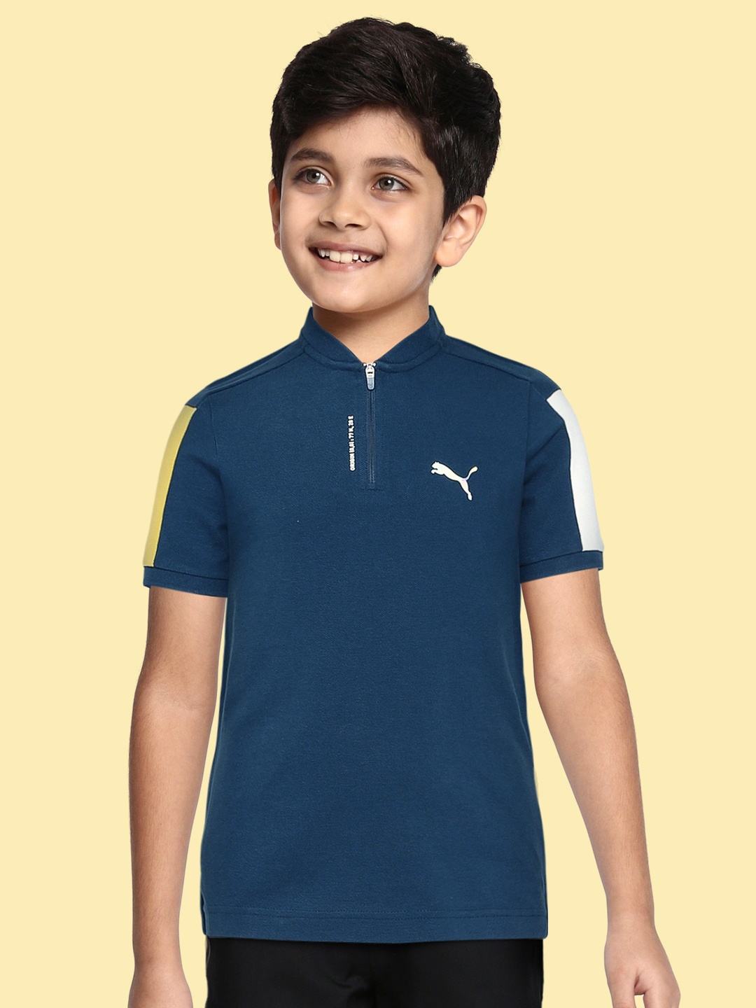 

Puma Boys Teal Blue Solid One8 Virat Kohli Stylized Polo Pure Cotton T-shirt
