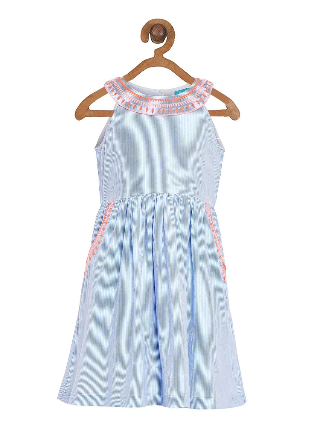 

Miyo Girls Blue & White Striped Embroidered Dress