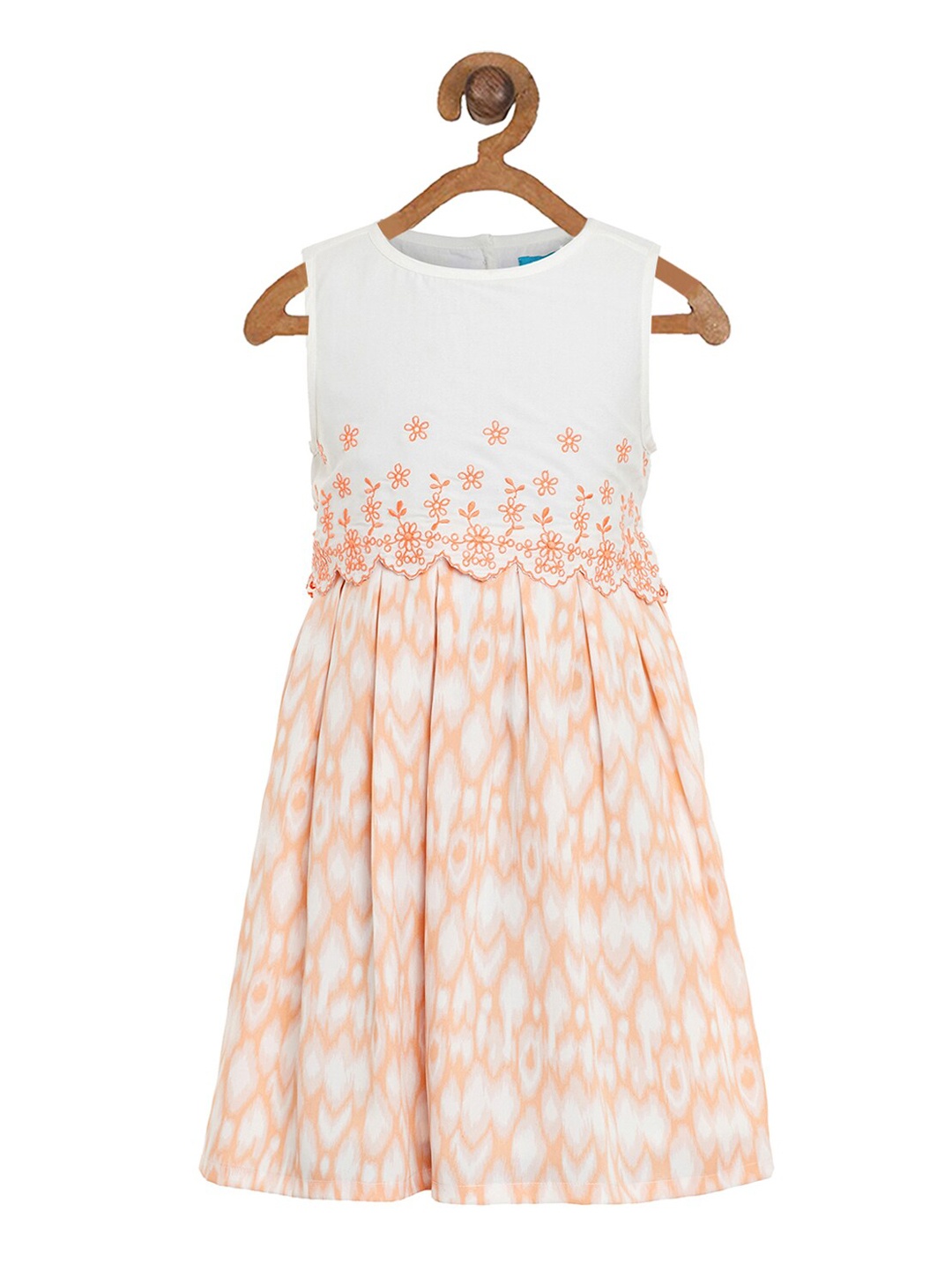 

Miyo Girls White & Peach-Coloured Printed A-Line Dress