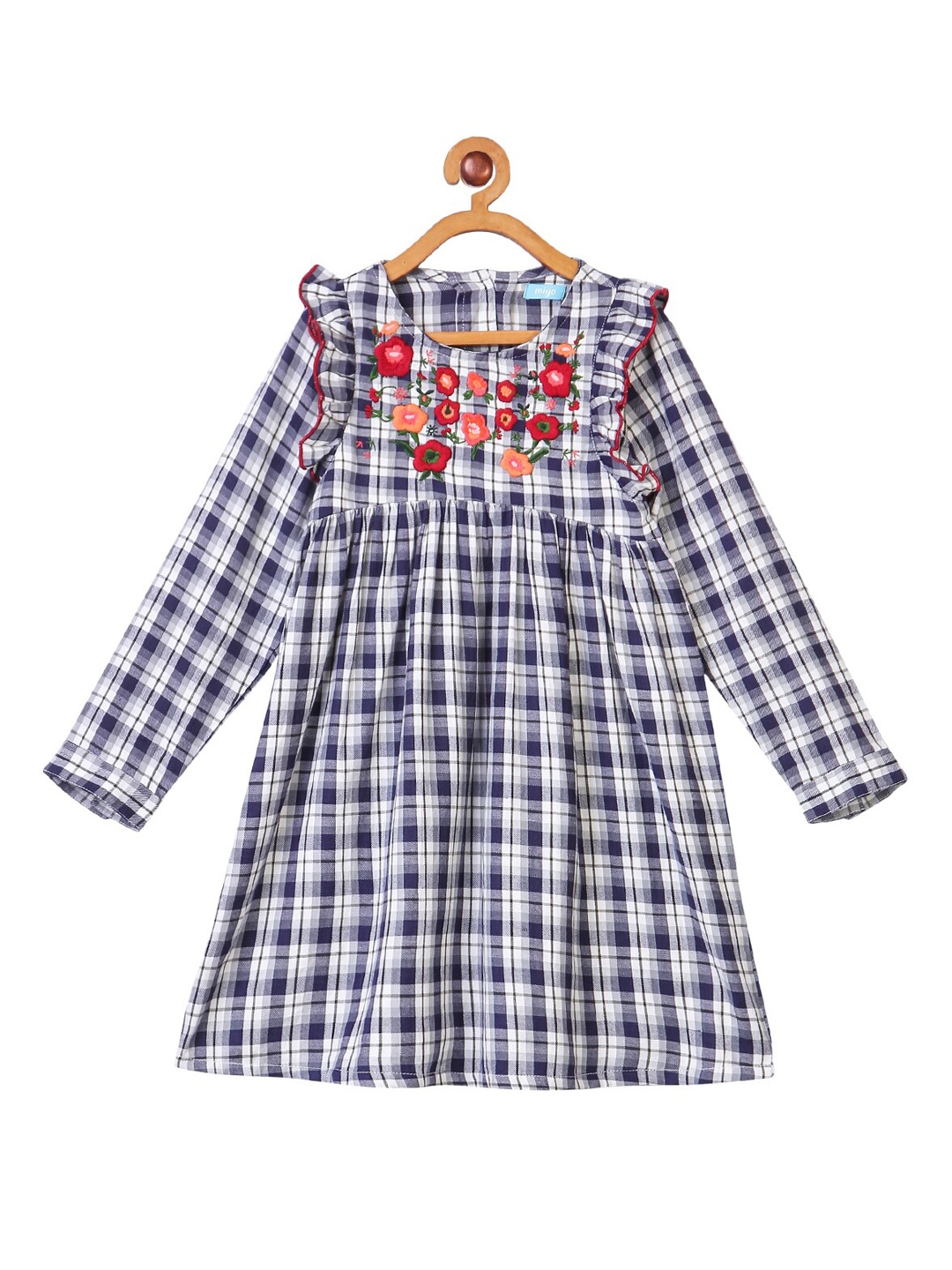 

Miyo Girls White & Navy Blue Checked A-Line Dress