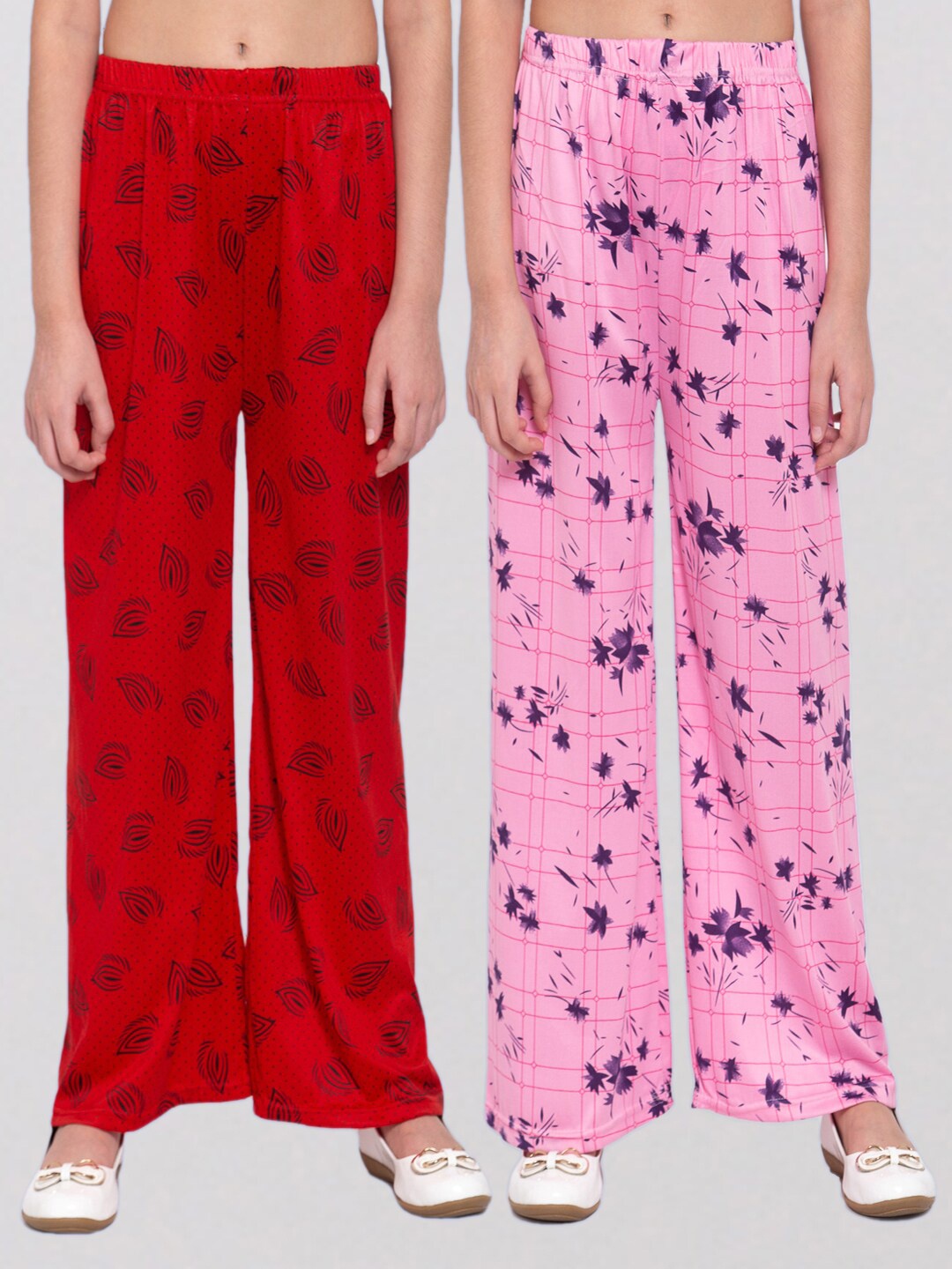 

KLOTTHE Girls Pack Of 2 Red & Pink Printed Wide Leg Palazzos