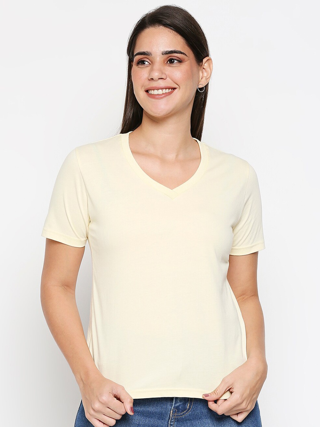 

20Dresses Women Yellow V-Neck Pure Cotton T-shirt