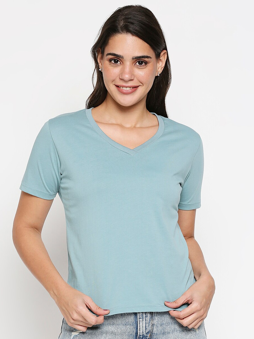 

20Dresses Women Blue Solid V-Neck Raw Edge T-shirt