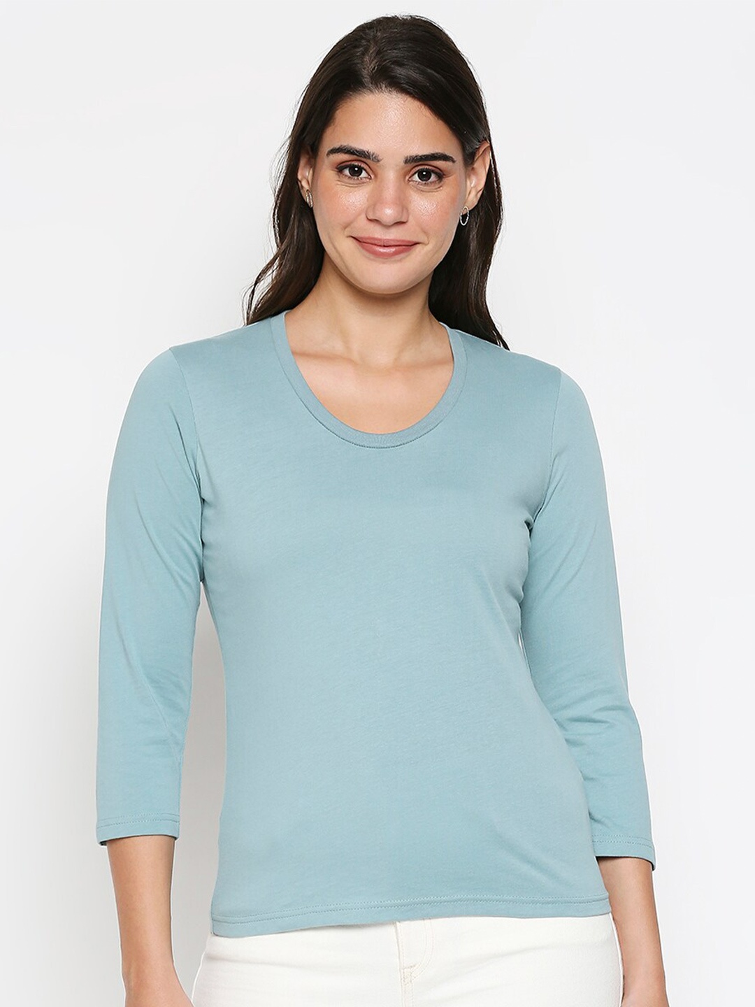 

20Dresses Women Blue Solid Scoop Neck Raw Edge T-shirt