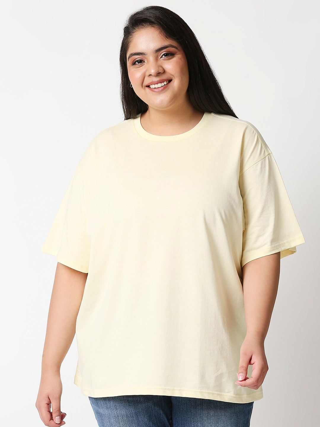 

20Dresses Women Yellow Drop-Shoulder Sleeves Pure Cotton T-shirt (Plus Size)
