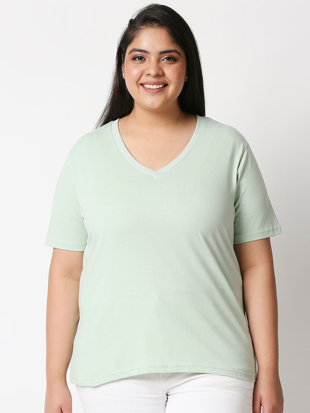 

20Dresses Women Green V-Neck Pure Cotton T-shirt (Plus Size)