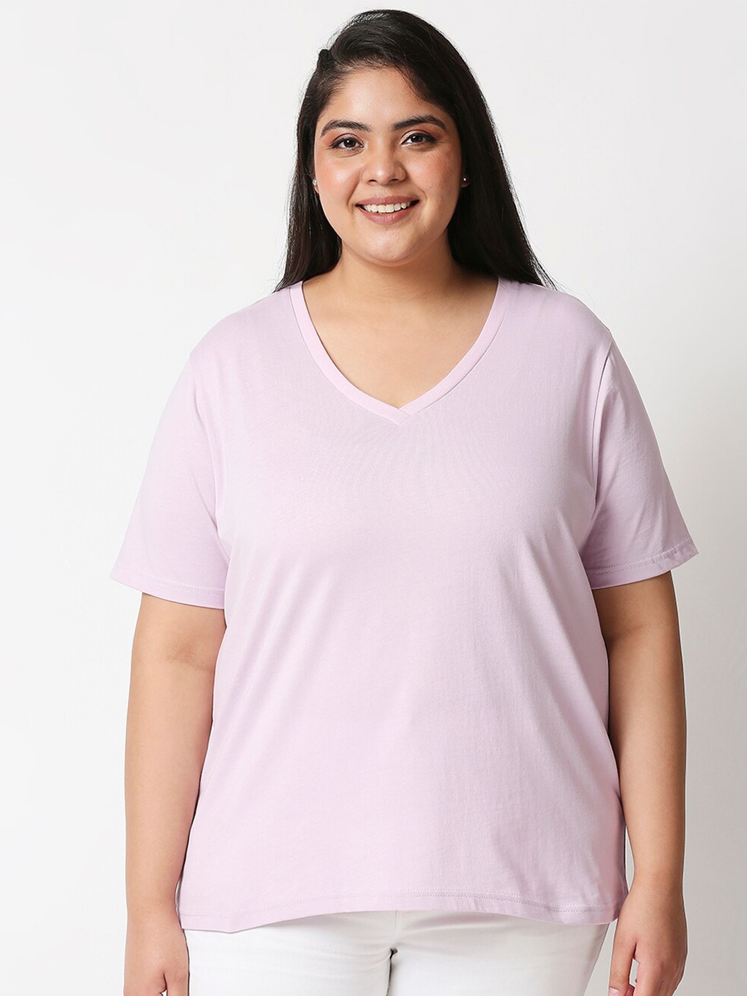

20Dresses Women Pink Solid V-Neck Raw Edge T-shirt
