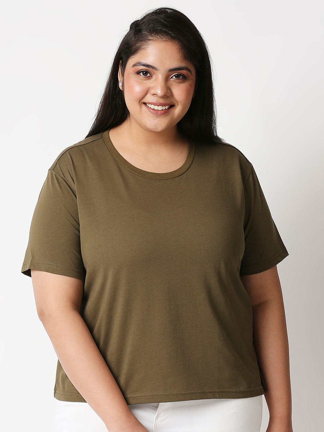 

20Dresses Women Olive Green Pure Cotton T-shirt (Plus Size)