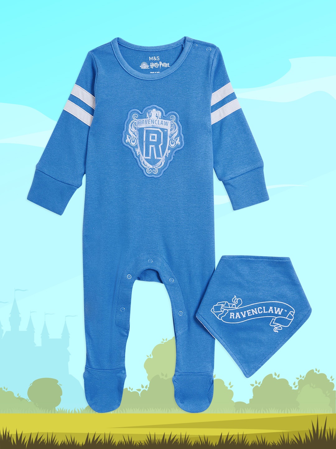 

Marks & Spencer Infant Kids Blue Pure Cotton Harry Potter Ravenclaw Sleepsuit with Bib