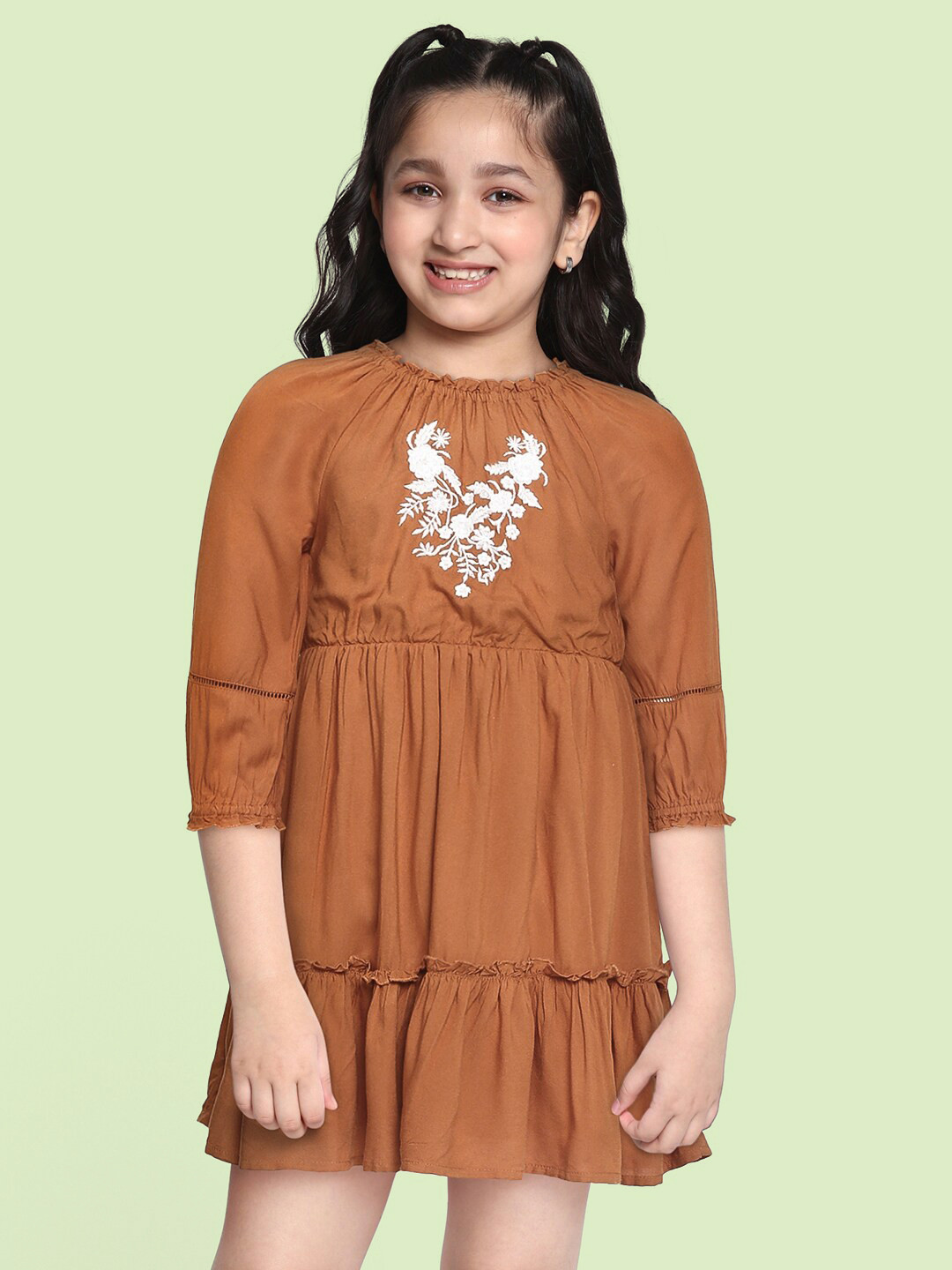 

Marks & Spencer Girls Rust Orange & White Floral Embroidered Tiered Fit & Flare Dress