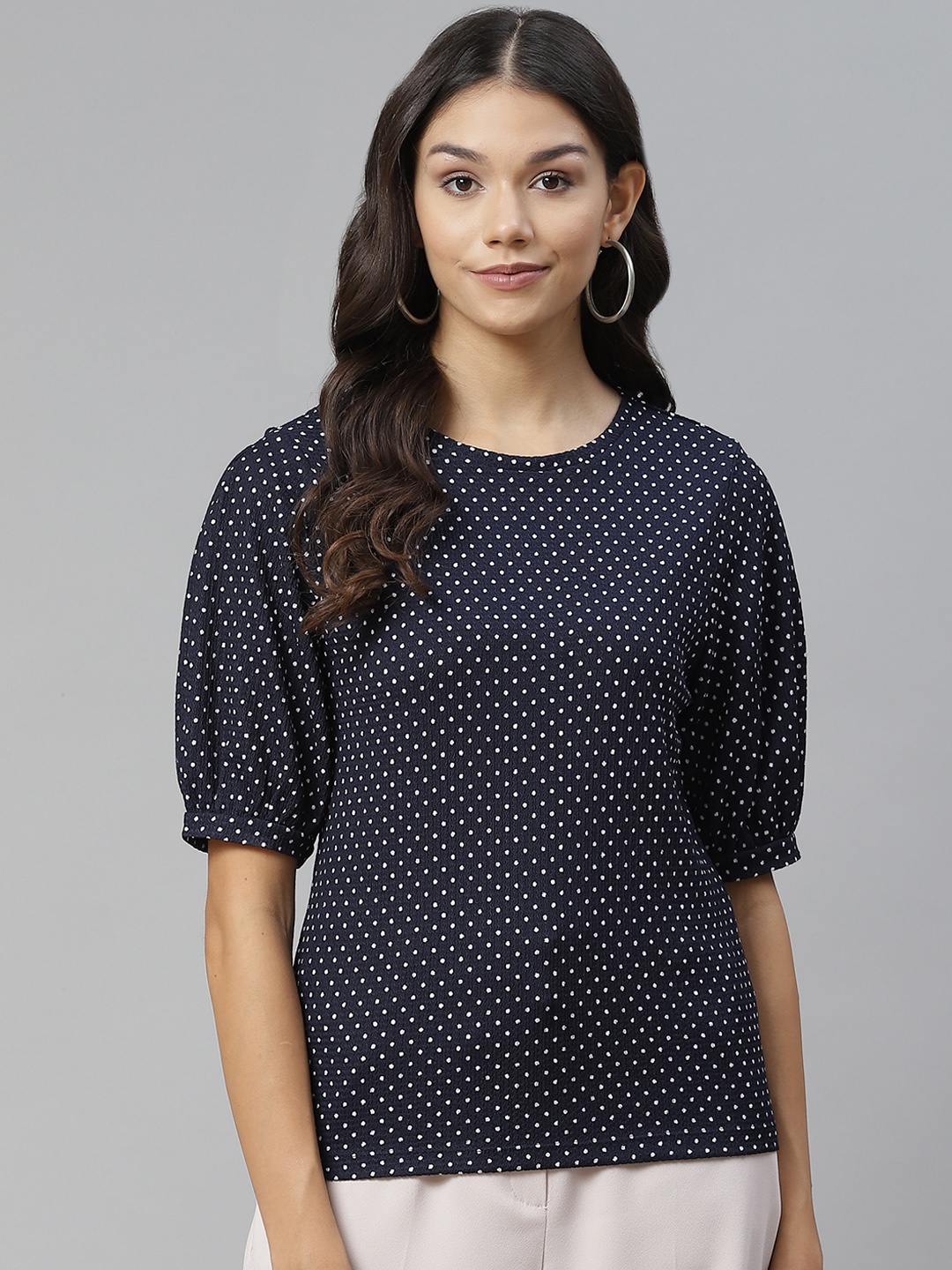 

Marks & Spencer Navy Blue & White Geometric Print Regular Top