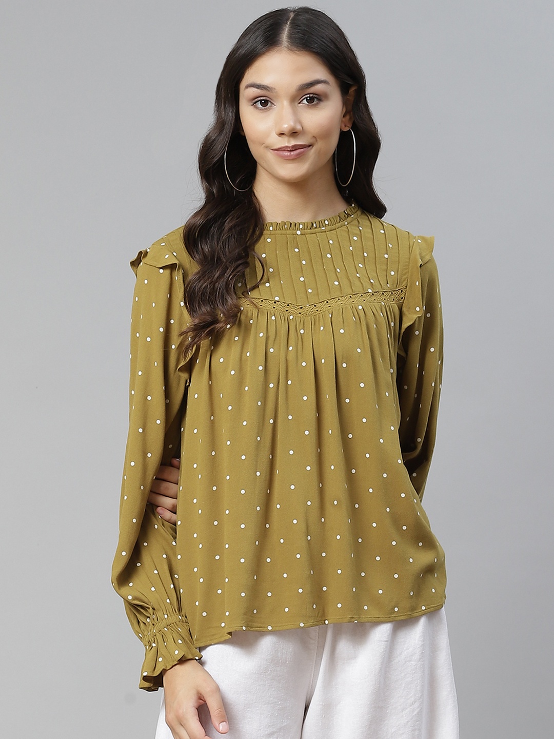 

Marks & Spencer Olive Green & White Polka Dots Print Top