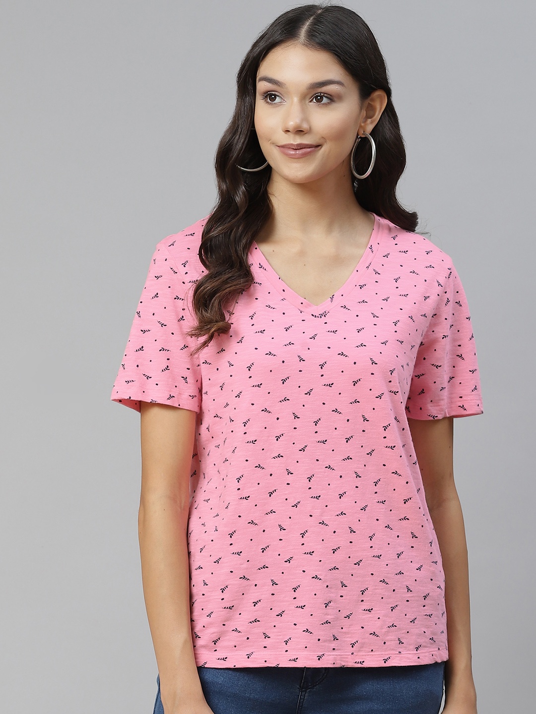 

Marks & Spencer Women Pink & Black Floral Printed Pure Cotton V-Neck T-Shirt