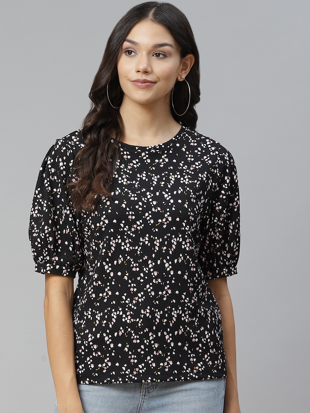 

Marks & Spencer Women Black & White Floral Print Regular Top