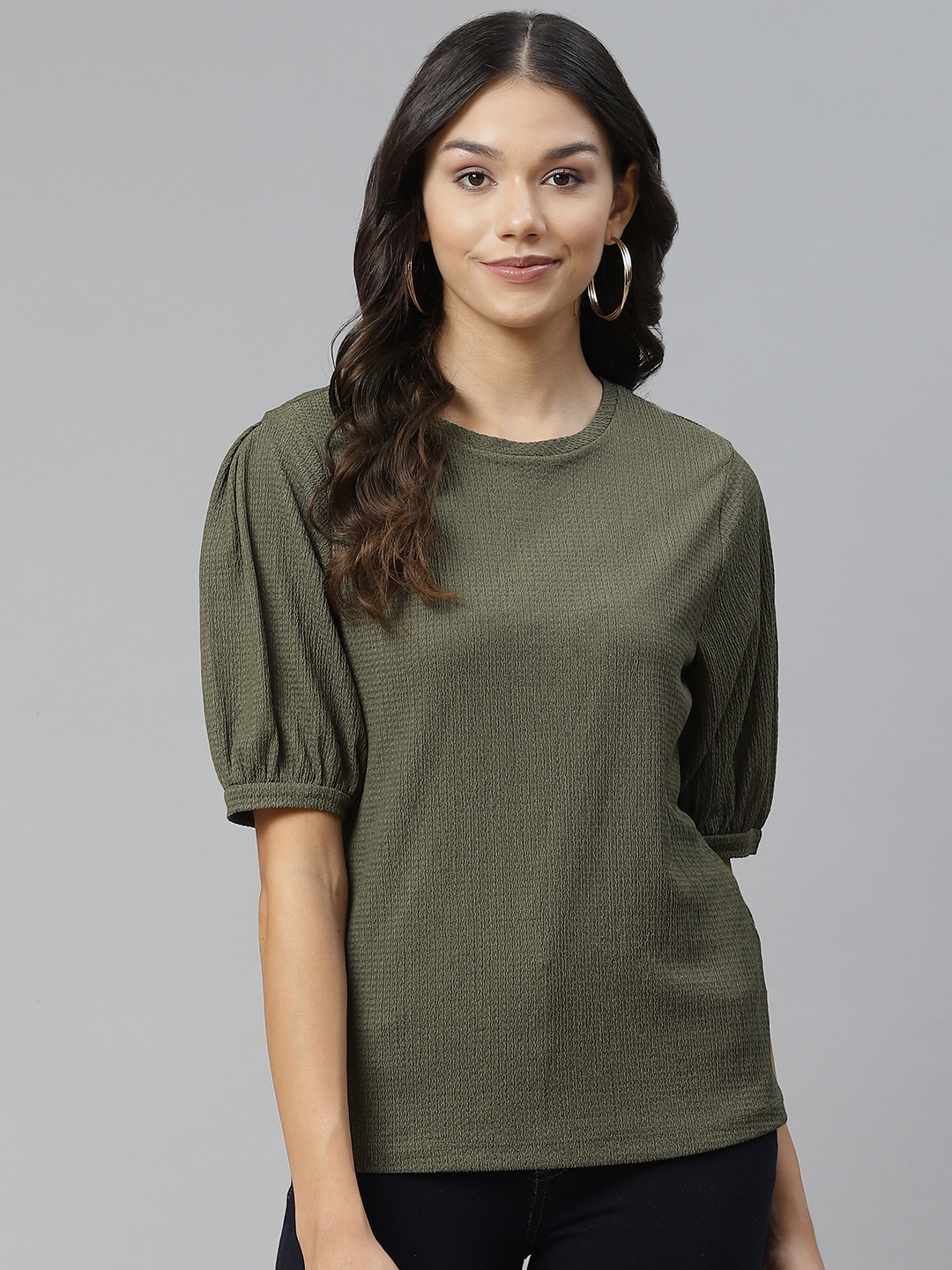 

Marks & Spencer Olive Green Self Designed Regular Top