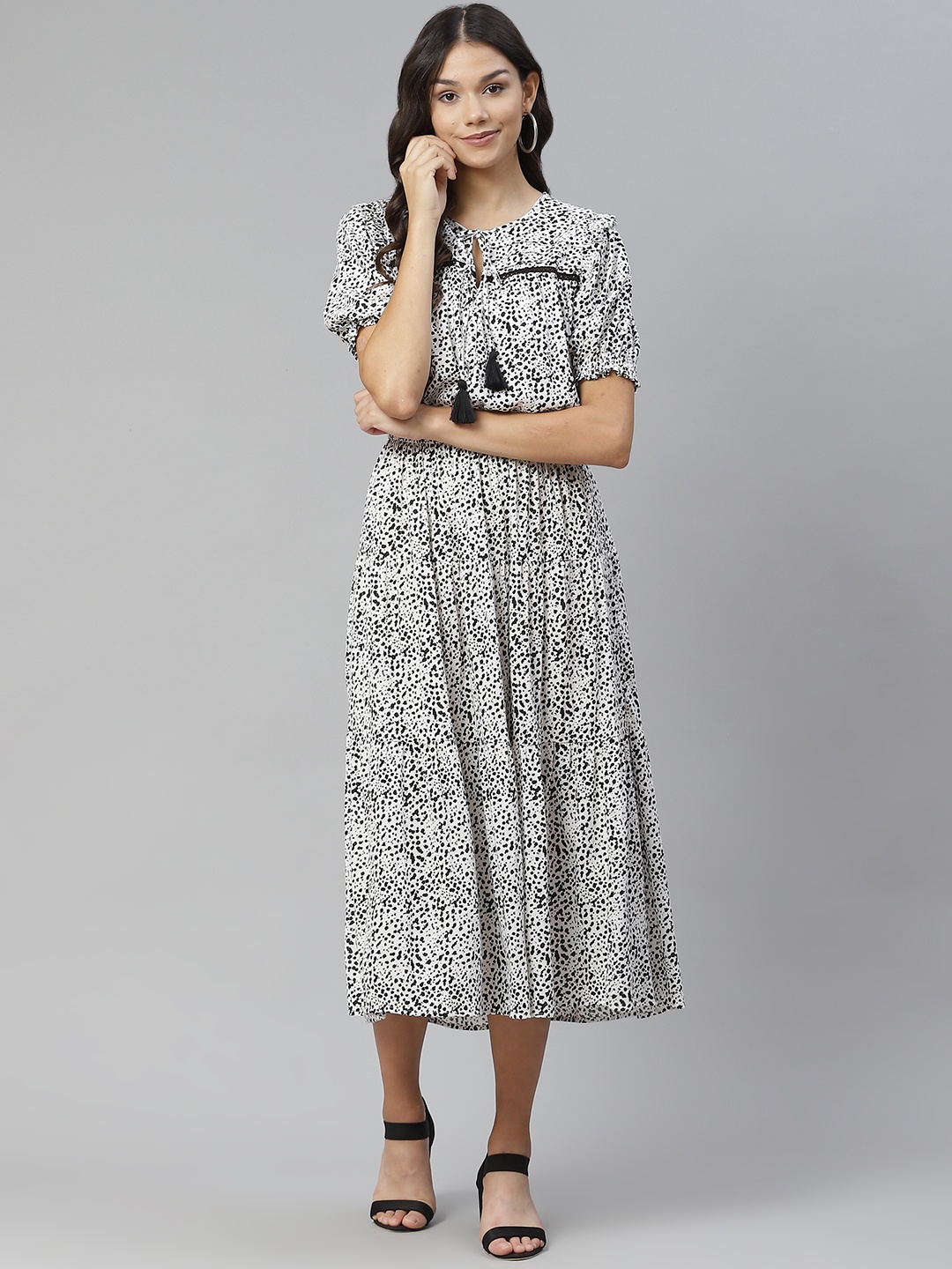

Marks & Spencer White & Black Animal Tie-Up Neck A-Line Midi Dress
