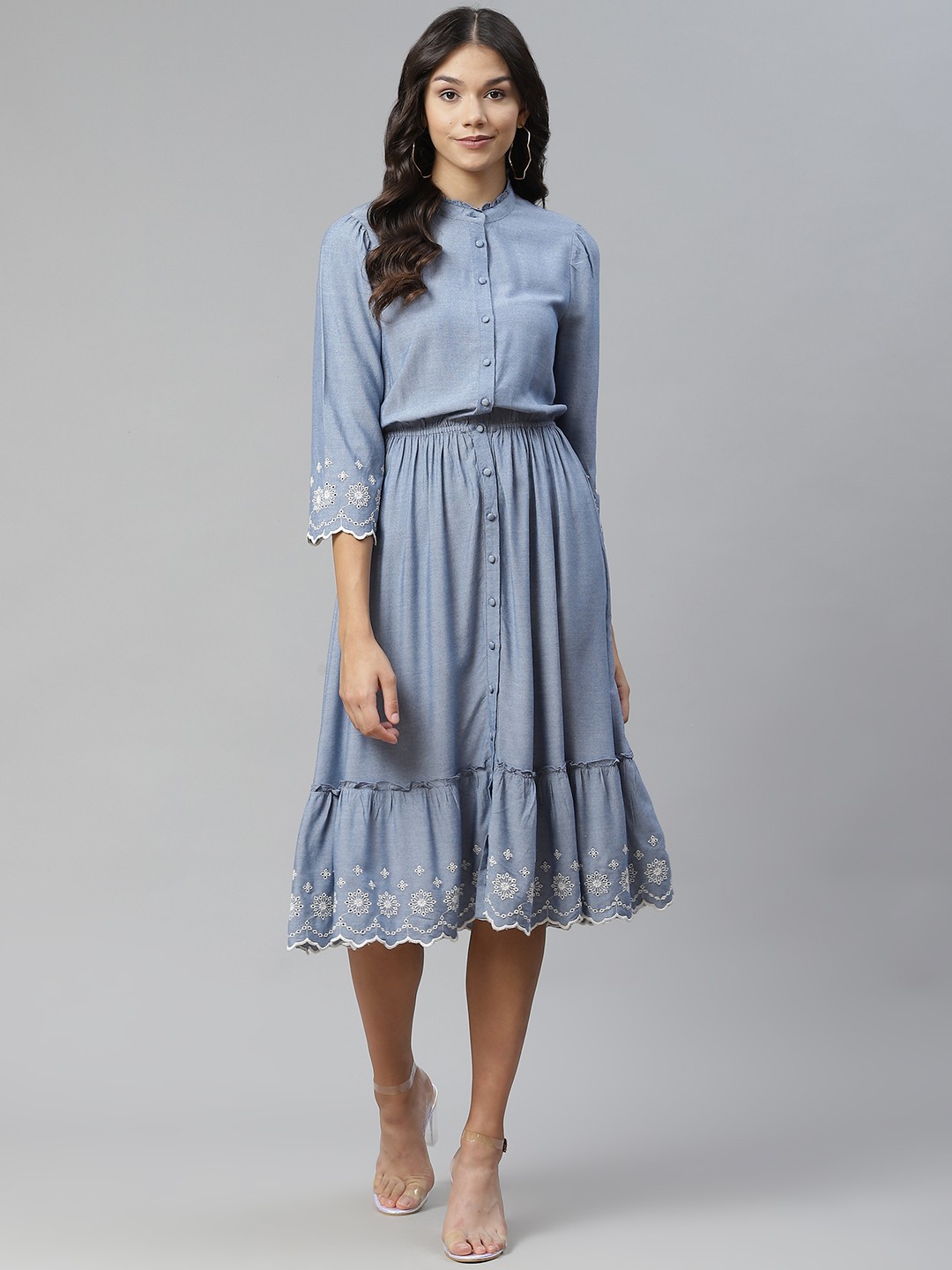 

Marks & Spencer Blue Solid Schiffli A-Line Midi Dress