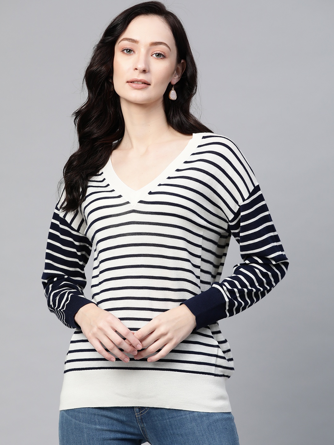 

Marks & Spencer Women Navy Blue & White Striped Pullover