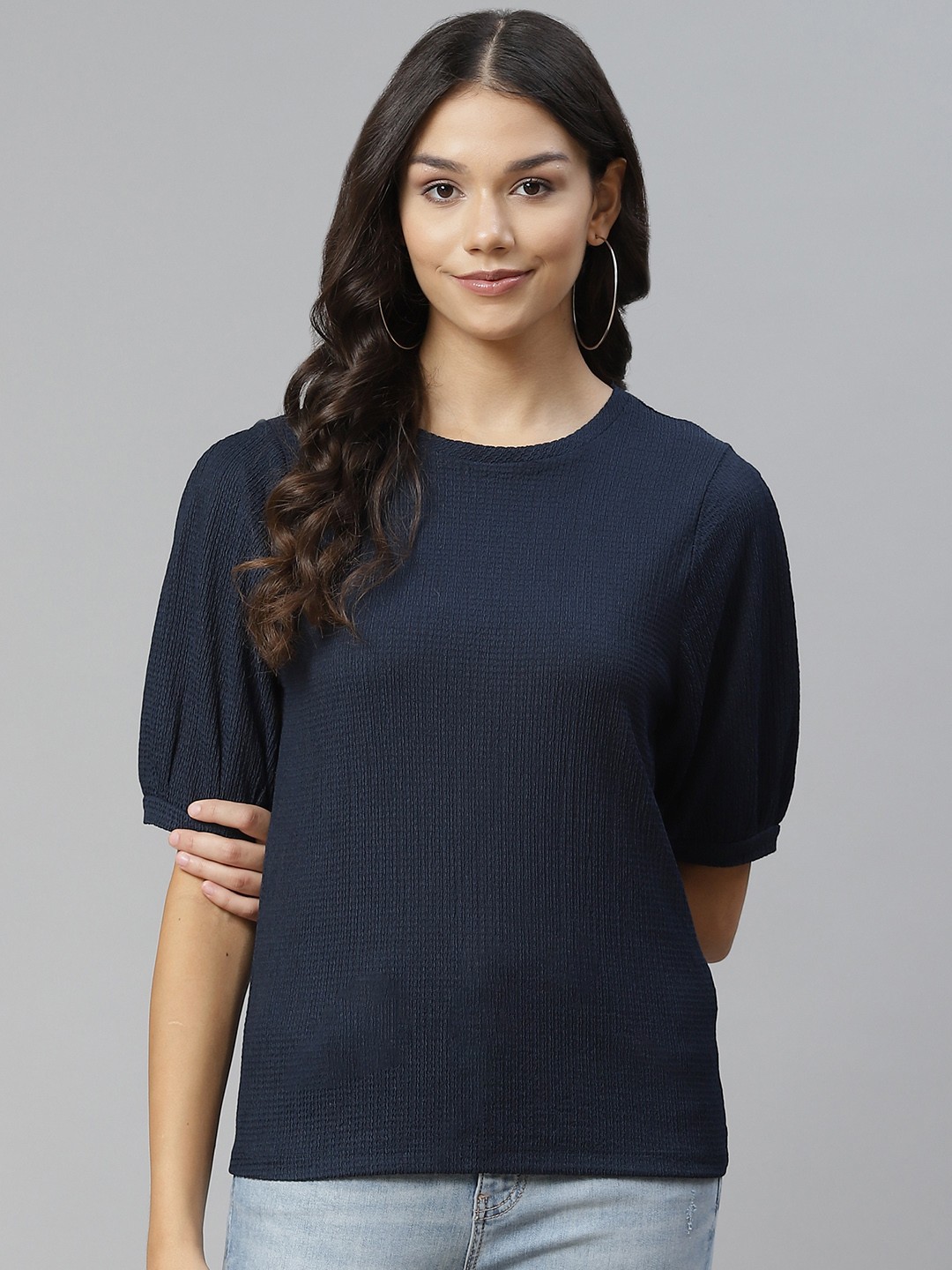 

Marks & Spencer Women Navy Blue Self Designed Regular Top