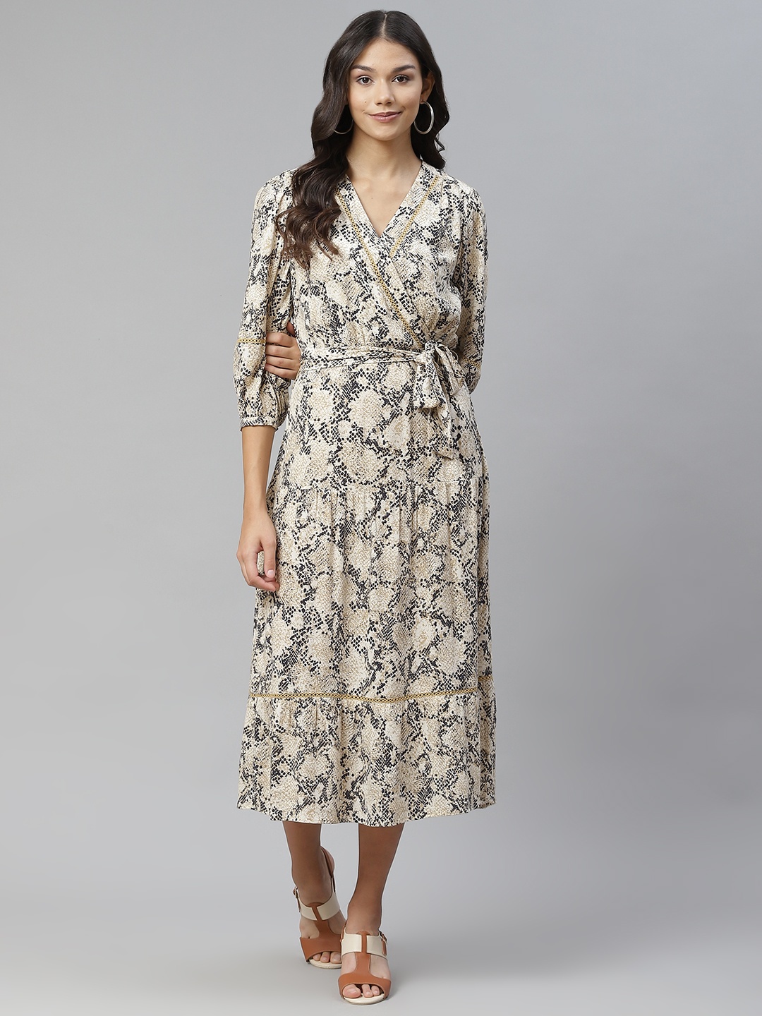 

Marks & Spencer Beige & Navy Blue Animal A-Line Midi Dress