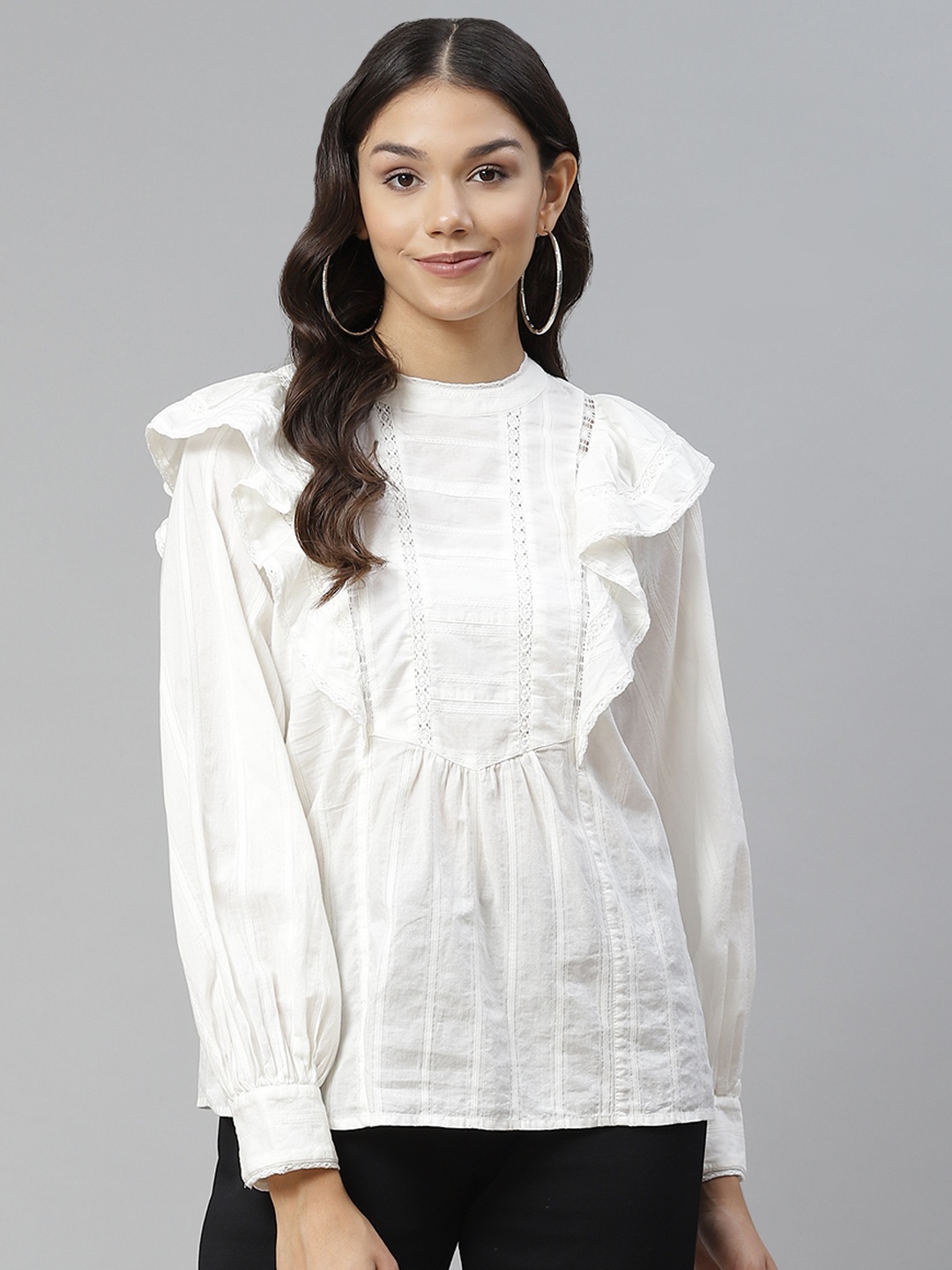 

Marks & Spencer Off White Pure Cotton Striped Ruffled Victorian Top