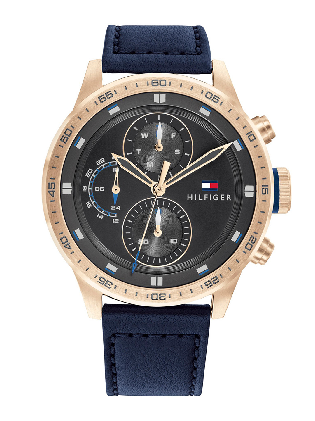 

Tommy Hilfiger Men Grey Dial & Blue Leather Textured Straps Analogue Watch TH1791808W
