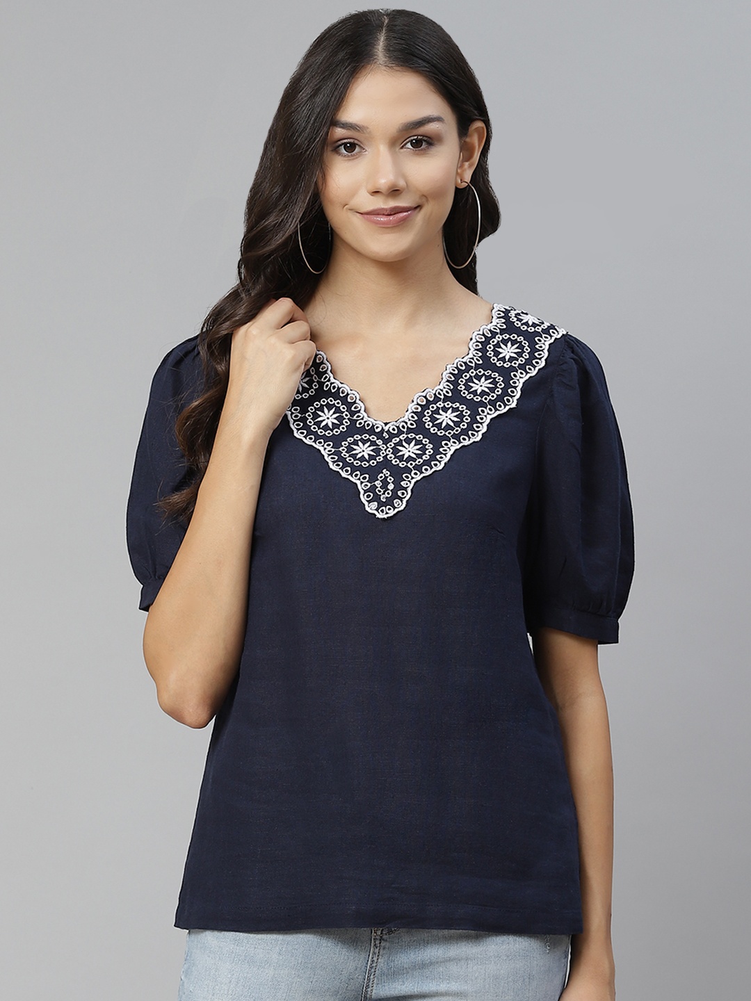 

Marks & Spencer Navy Blue & White Embroidered V-Neck Regular Top