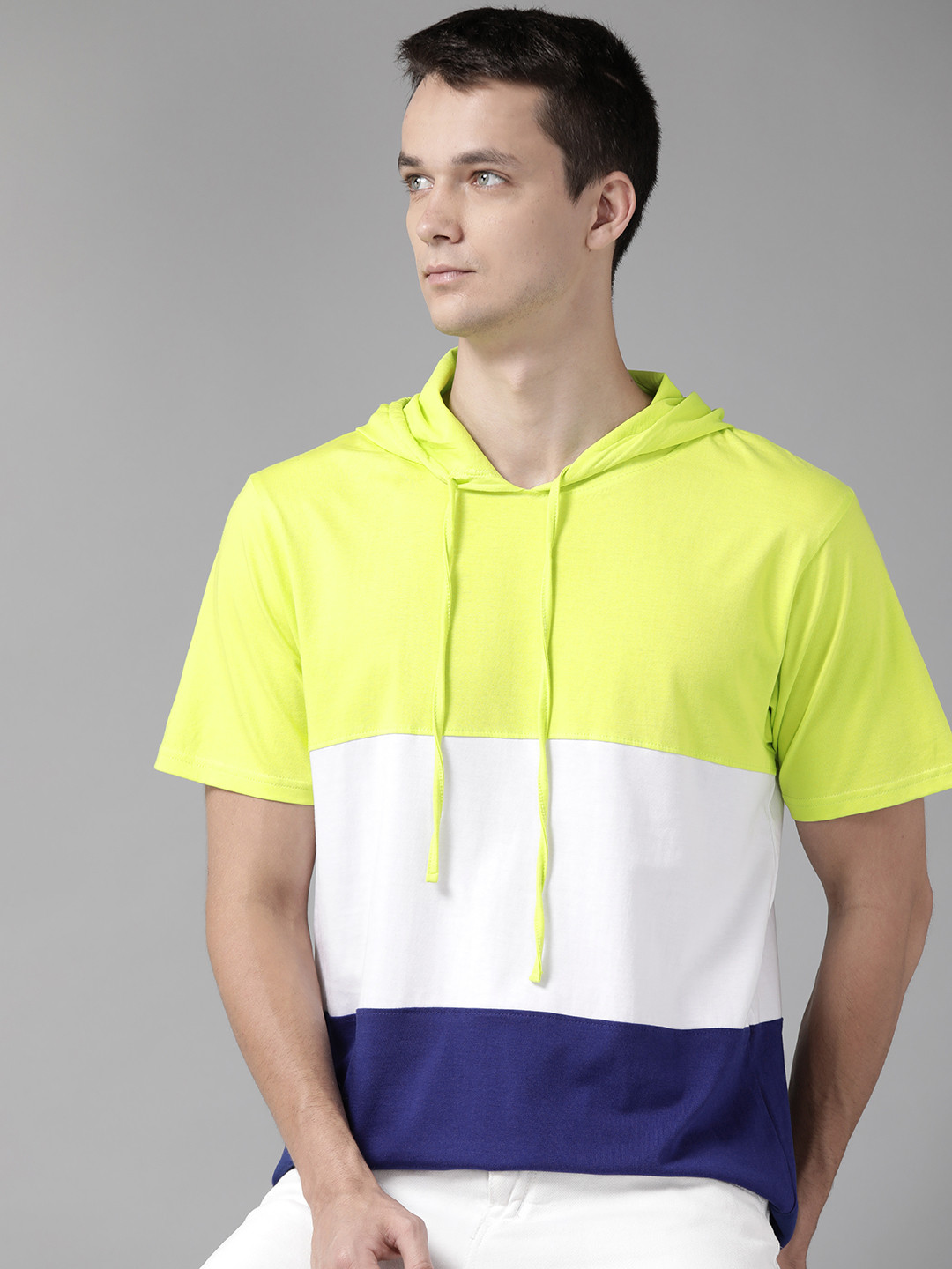 

The Dry State Men Fluorescent Green & White Cotton Colourblocked Hooded T-shirt