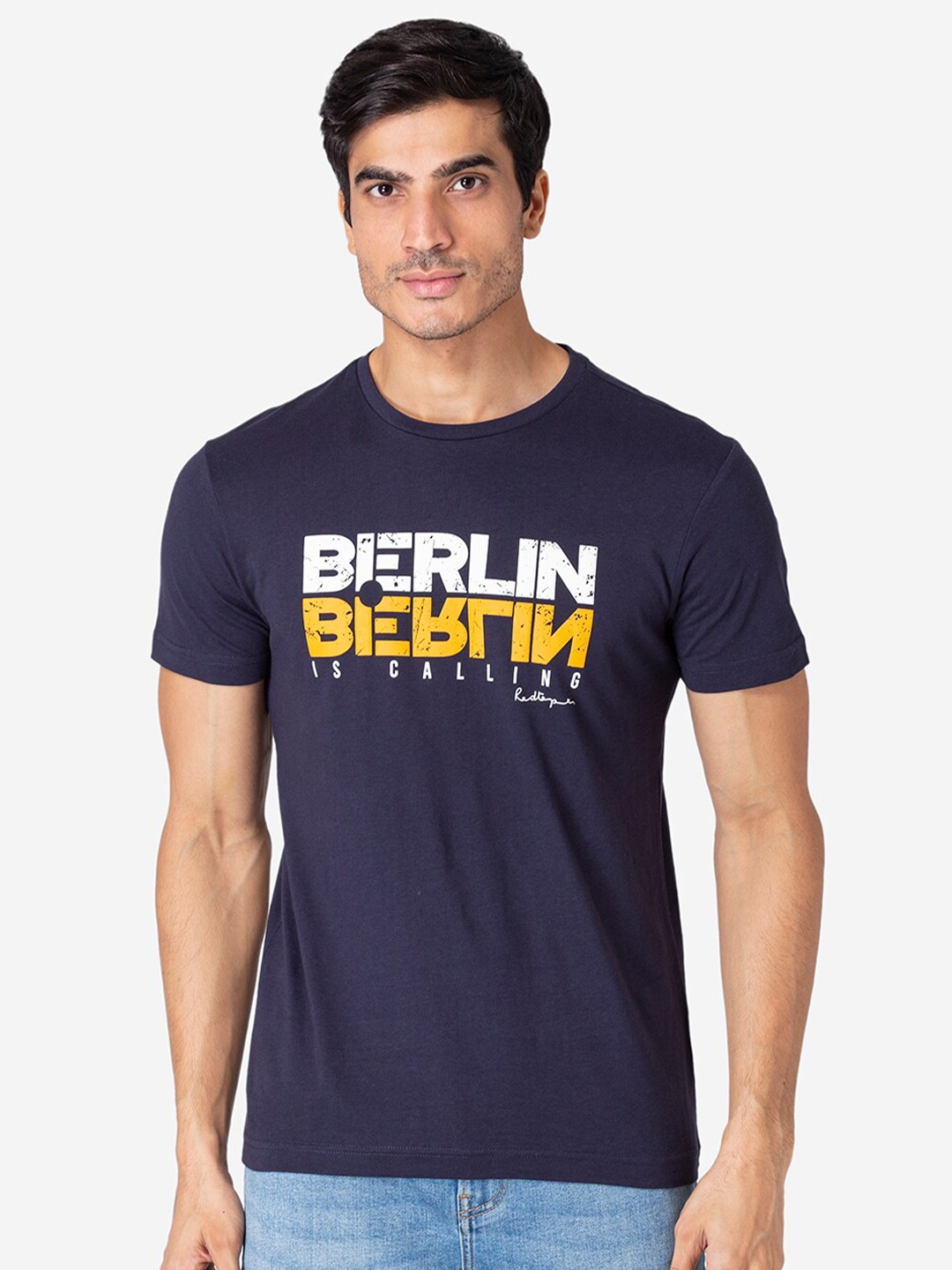 

Red Tape Men Navy Blue Typography Printed Pure Cotton T-shirt