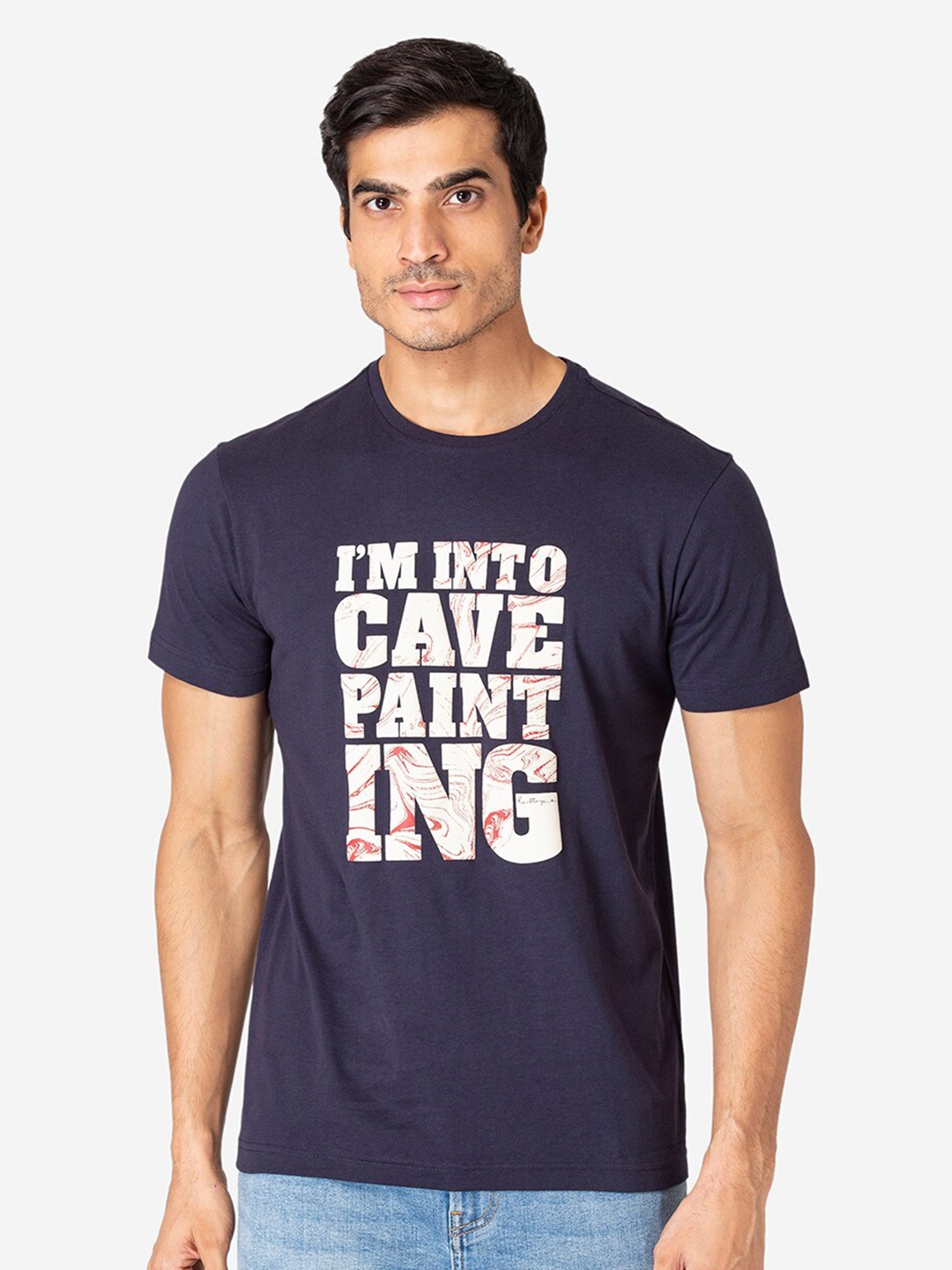 

Red Tape Men Navy Blue White Typography Printed Pure Cotton T-shirt