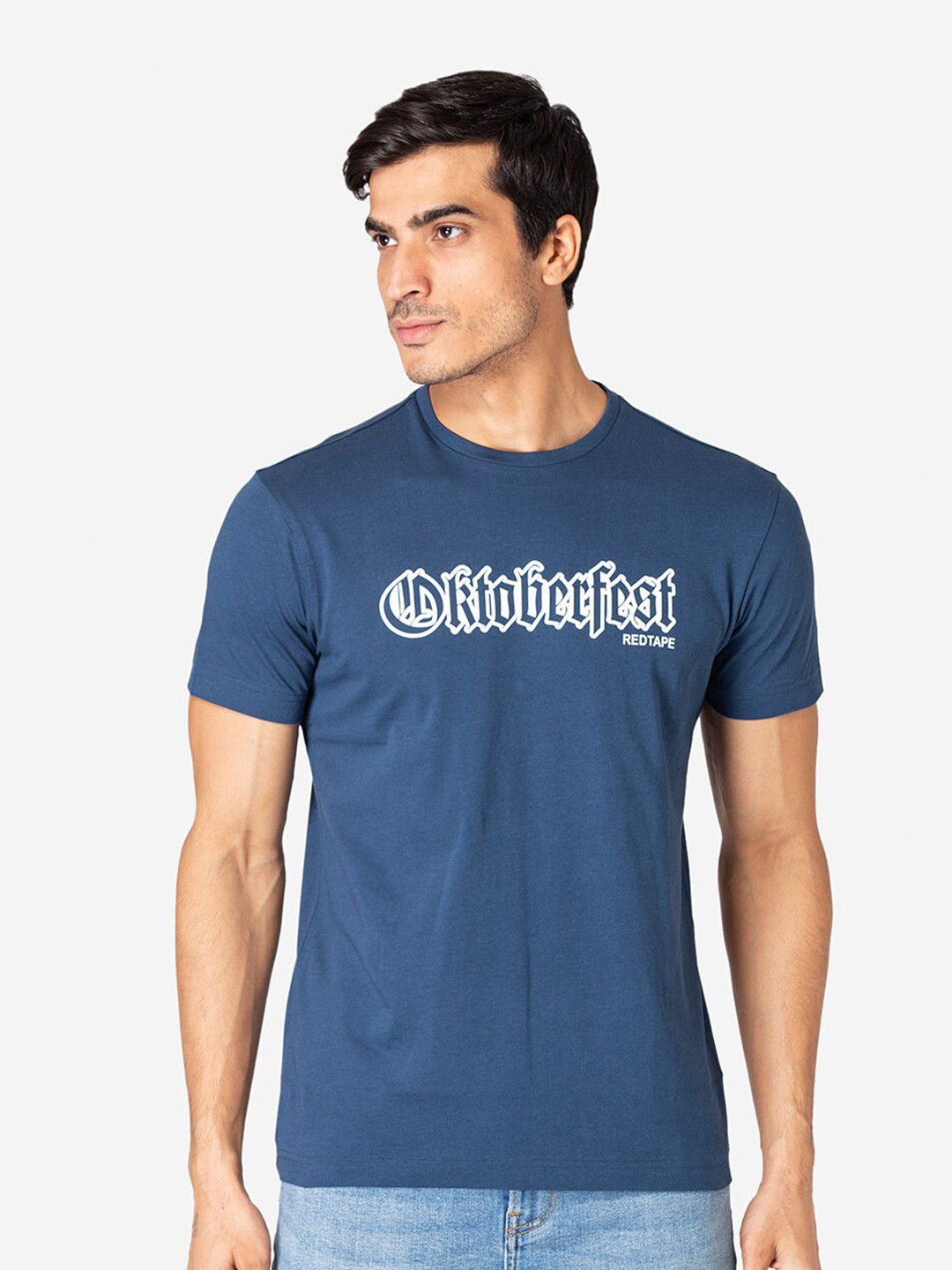 

Red Tape Men Blue Typography Printed Pure Cotton T-shirt