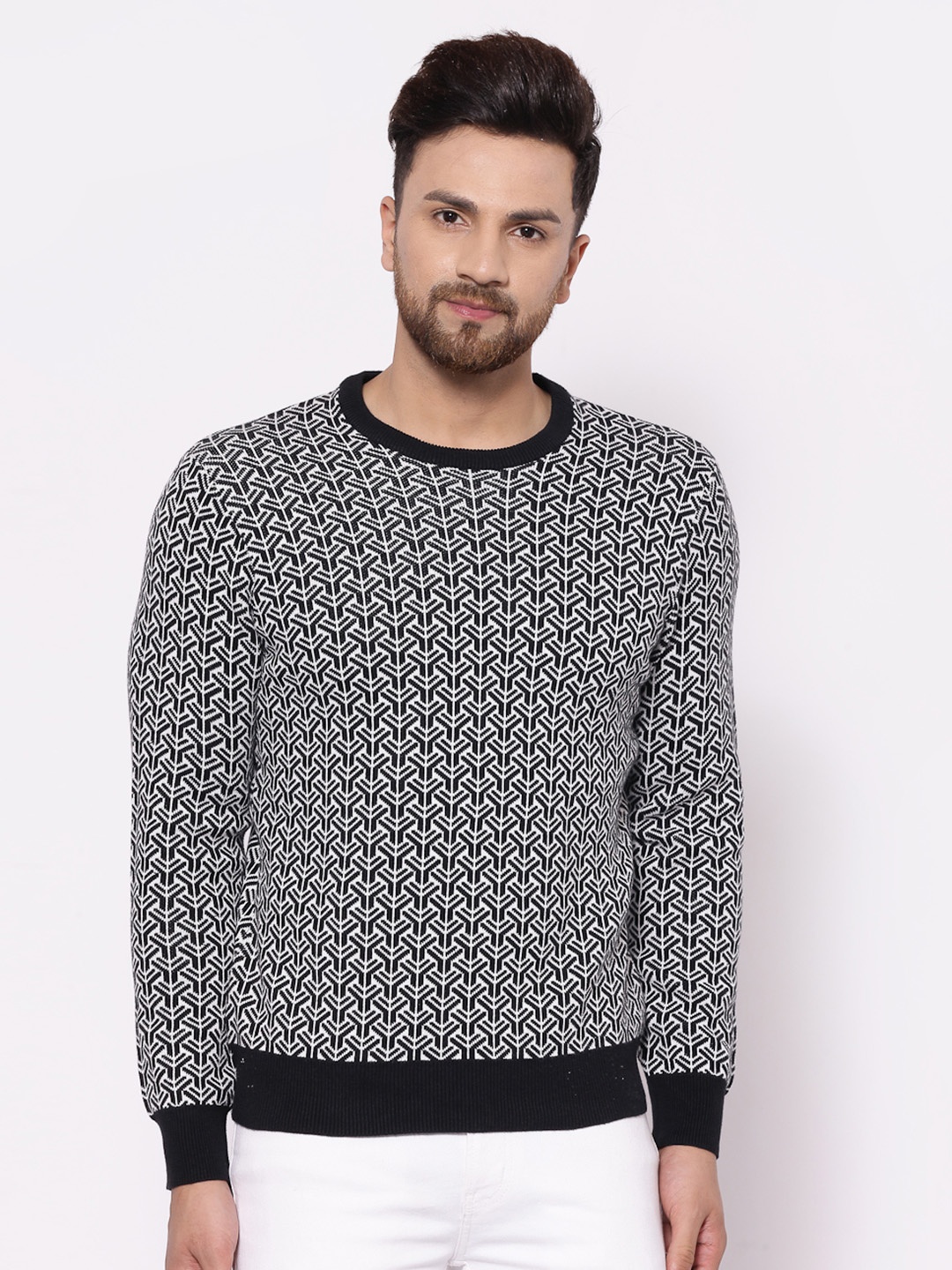 

Red Tape Men Black & White Printed Pullover