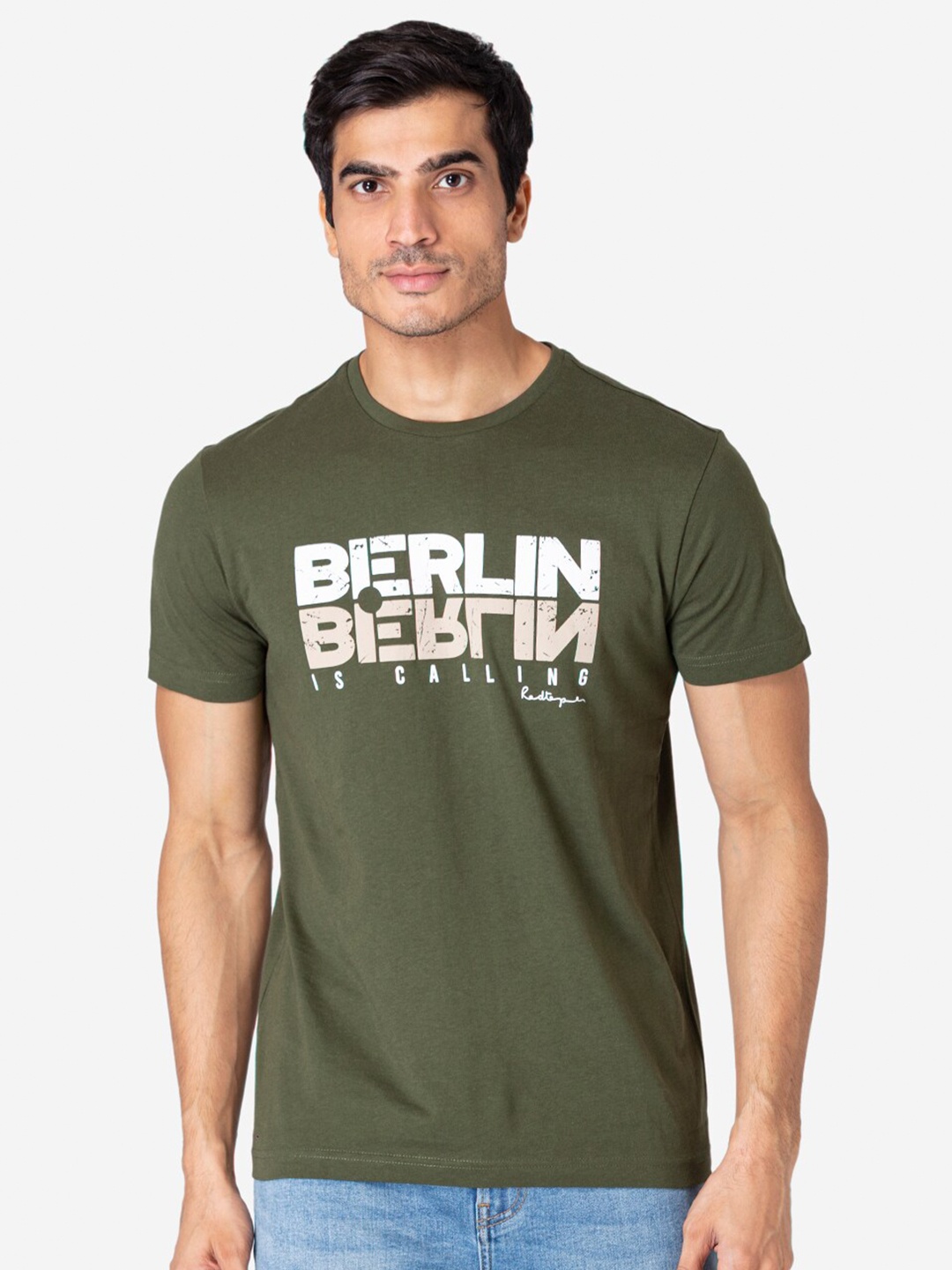 

Red Tape Men Olive Green White Typography Printed Pure Cotton T-shirt