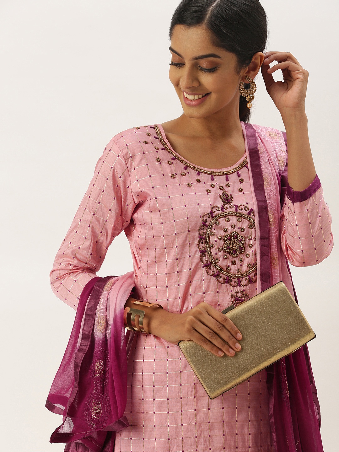 

LADUSAA Pink & Purple Embroidered Unstitched Dress Material