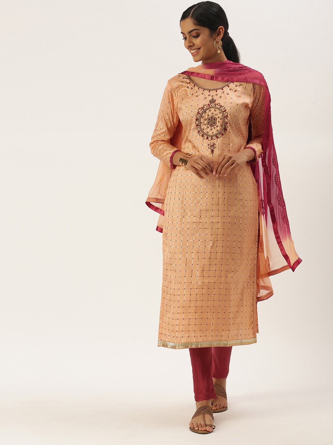 

LADUSAA Peach-Coloured & Maroon Unstitched Dress Material