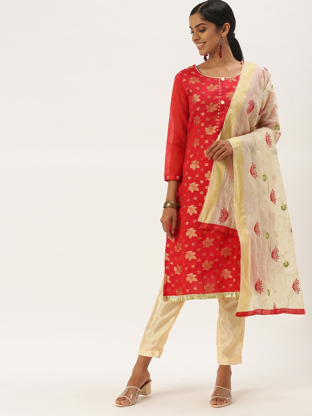 

LADUSAA Red & Gold-Toned Unstitched Dress Material