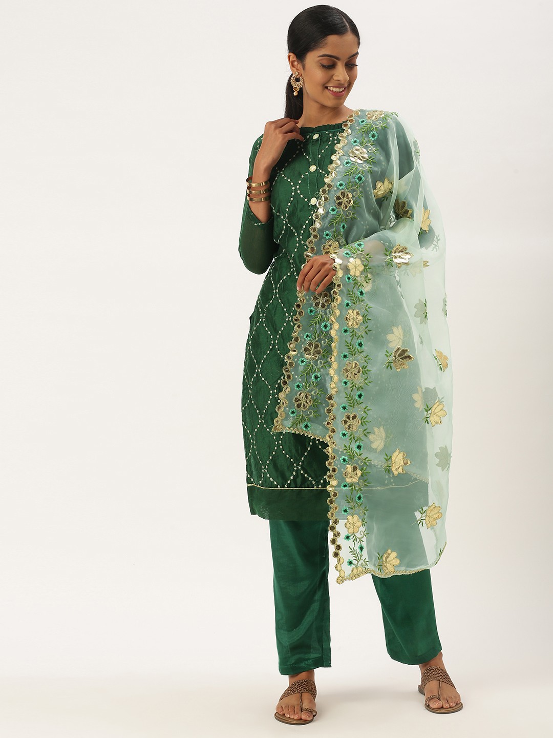

LADUSAA Green Unstitched Dress Material