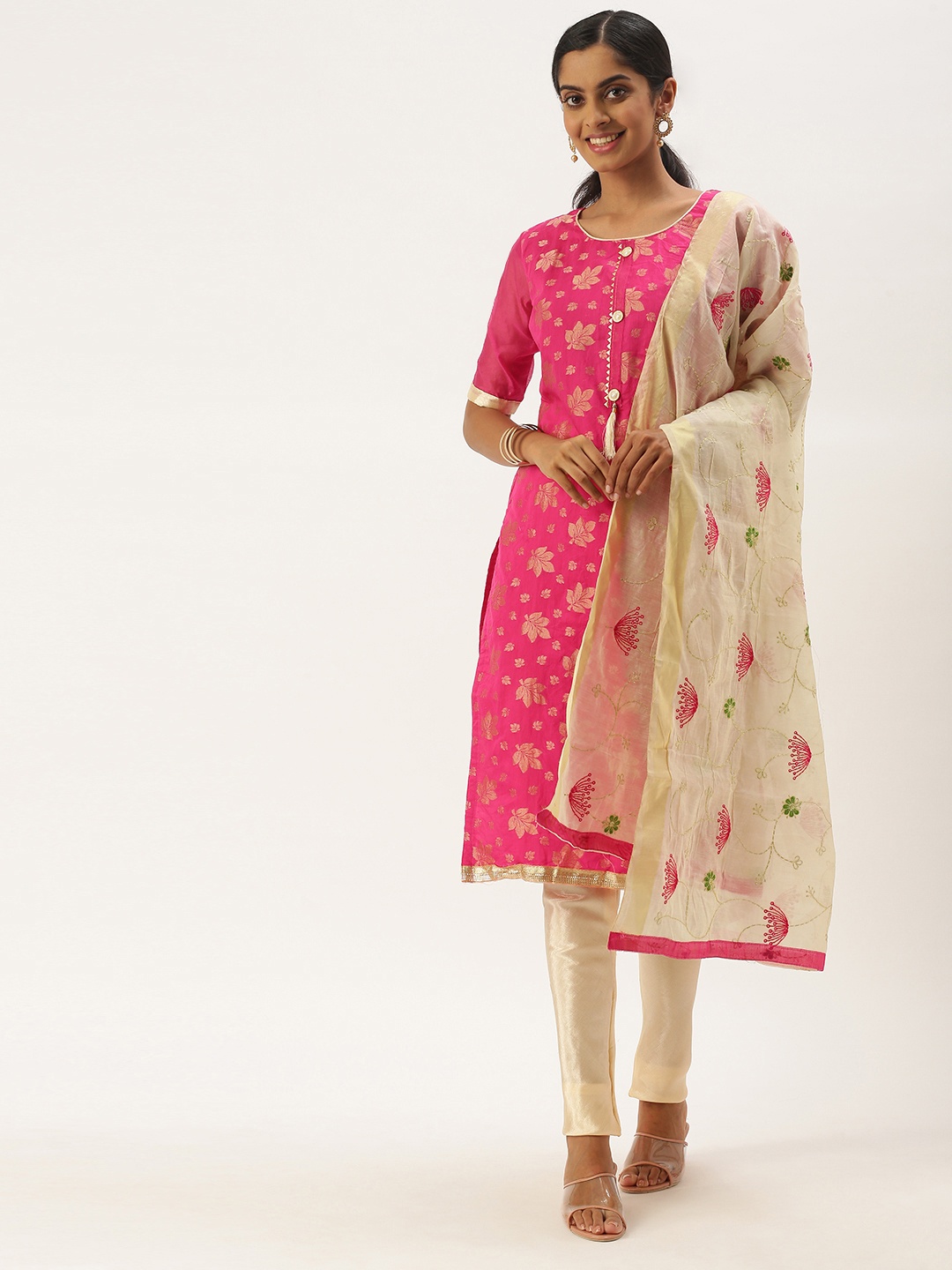 

LADUSAA Pink & Beige Unstitched Dress Material