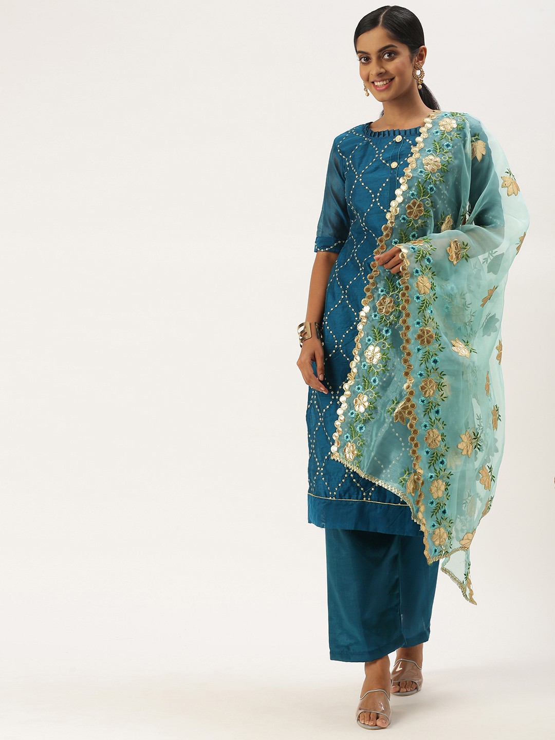 

LADUSAA Blue Unstitched Dress Material